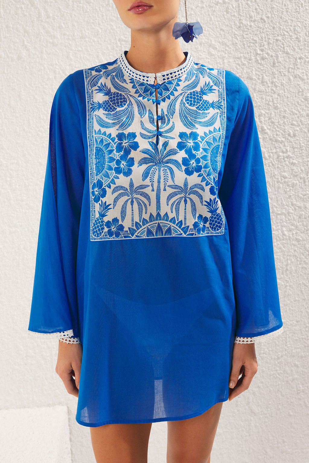 Tropikal Desenli Dokuma %100 Pamuk Plaj Mini Elbise TBESS25EL00027