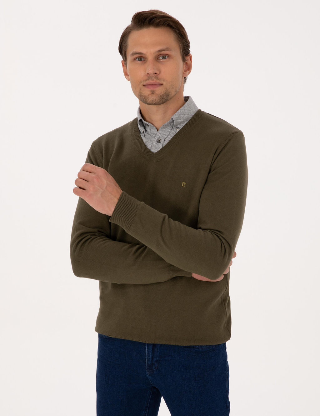 Koyu Haki Slim Fit V Yaka Basic Triko Kazak - Pierre cardin фото 3