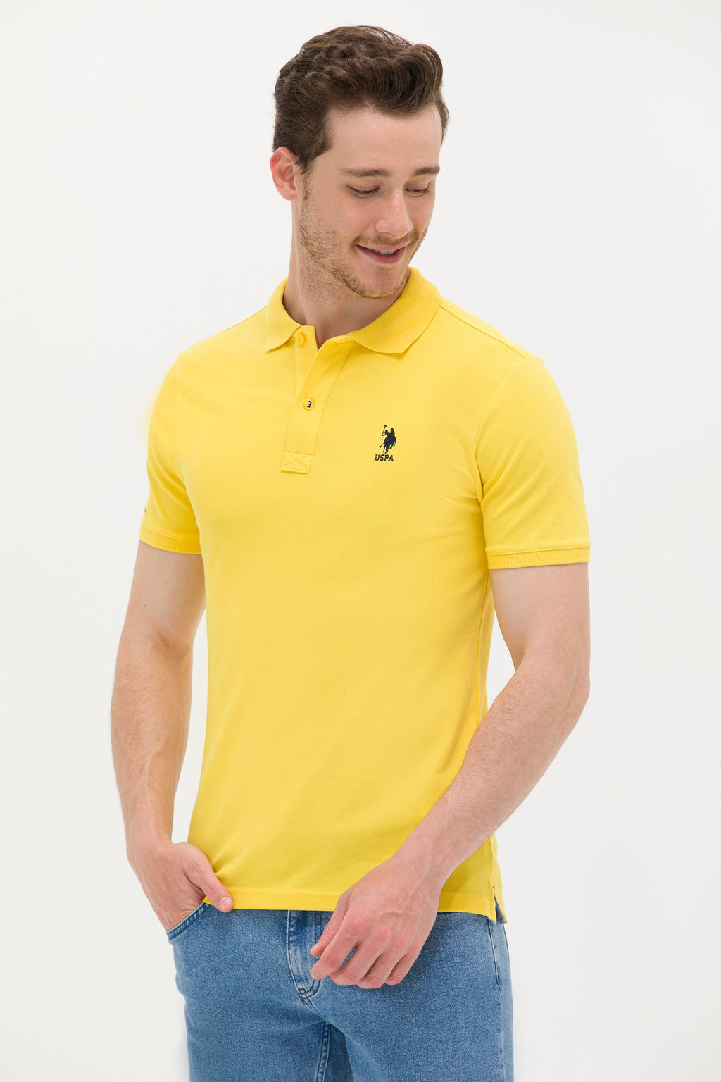Мужская темно-желтая базовая футболка с воротником поло - U.s. polo assn фото 15