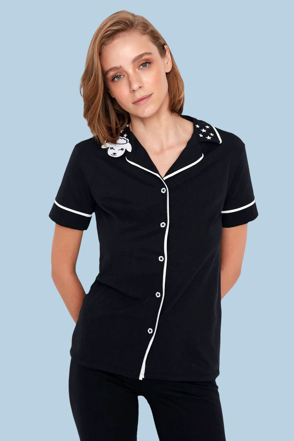 Trendyolmilla Siyah Pamuklu Yaka Kuzu Bask?l? Dar Kal?p Orme Pijama Tak?m? THMAW22PT0704 фото 17