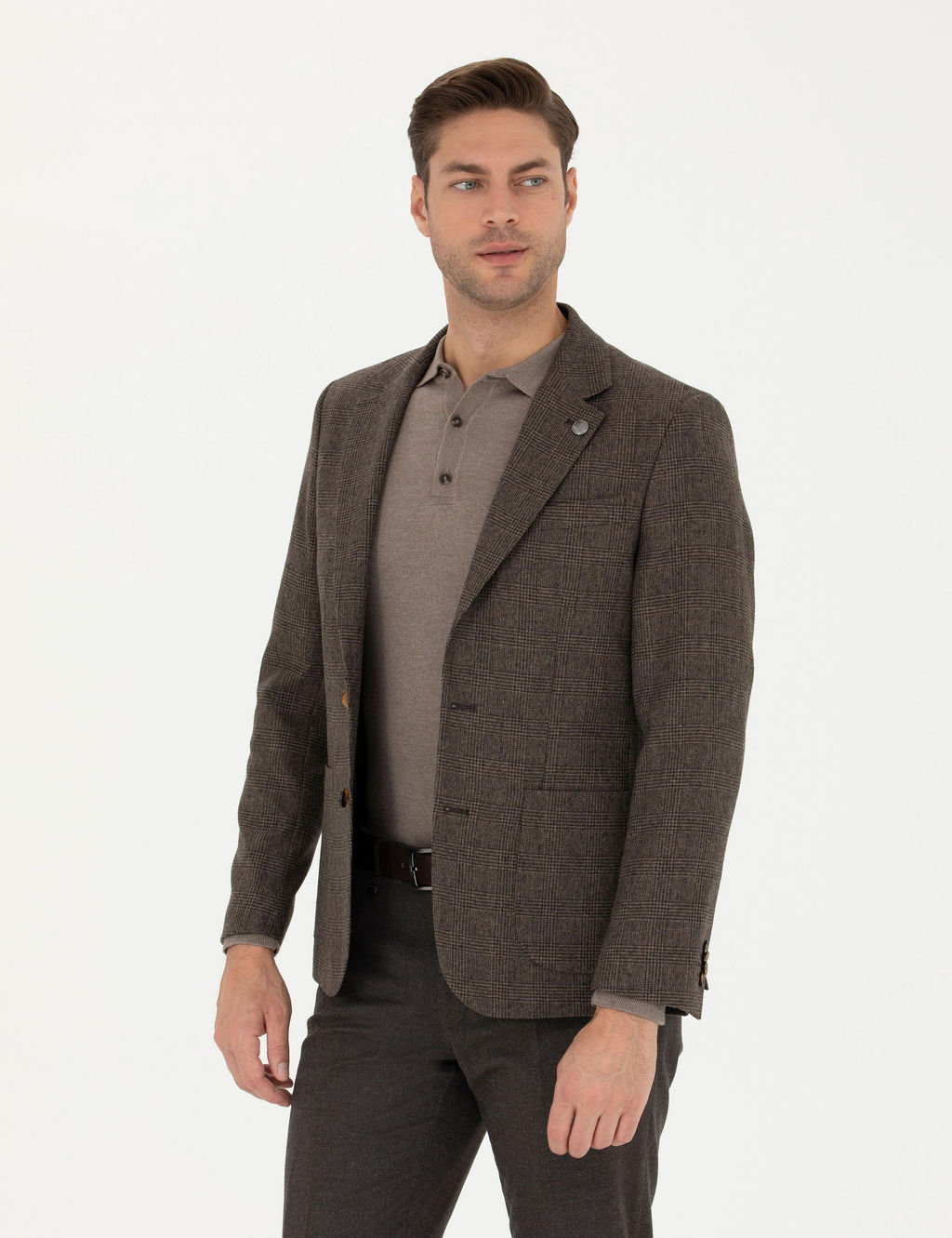 Kahverengi Y_n Kar___ml_ Slim Fit Ceket
