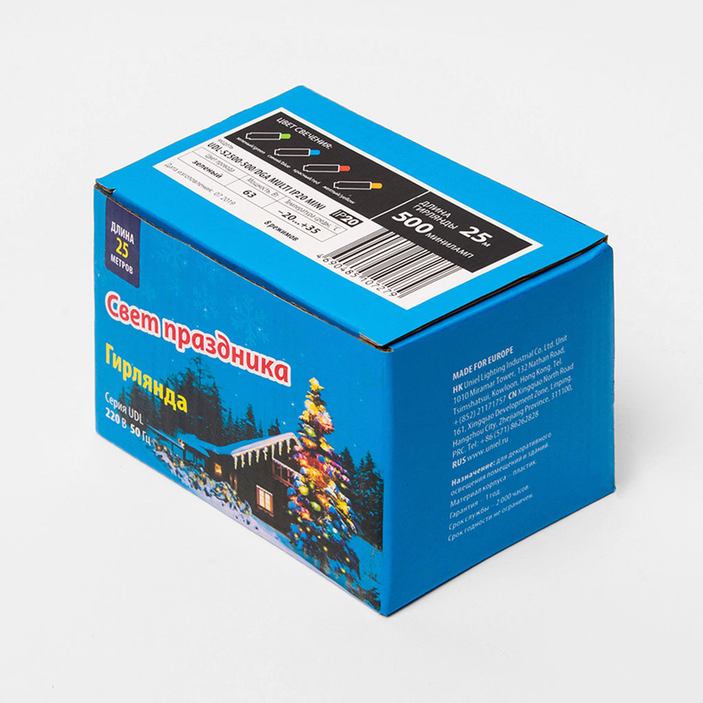 UDL-S2500-500/DGA MULTI IP20 MINI Гирлянда с контроллером, 25м. 500 миниламп накаливания. Разноцветный свет. Провод зеленый. TM Uniel.