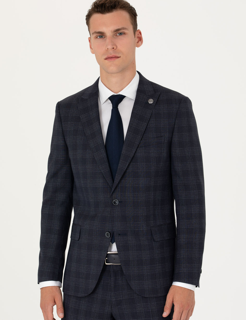 Lacivert Ekose Ekstra Slim Fit Y_n Kar___ml_ Tak_m Elbise