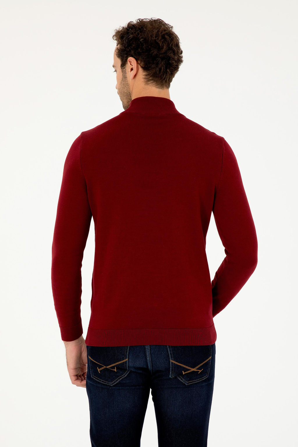 Erkek Slim Fit Yar_m Bo_azl_ Bordo Basic Kazak