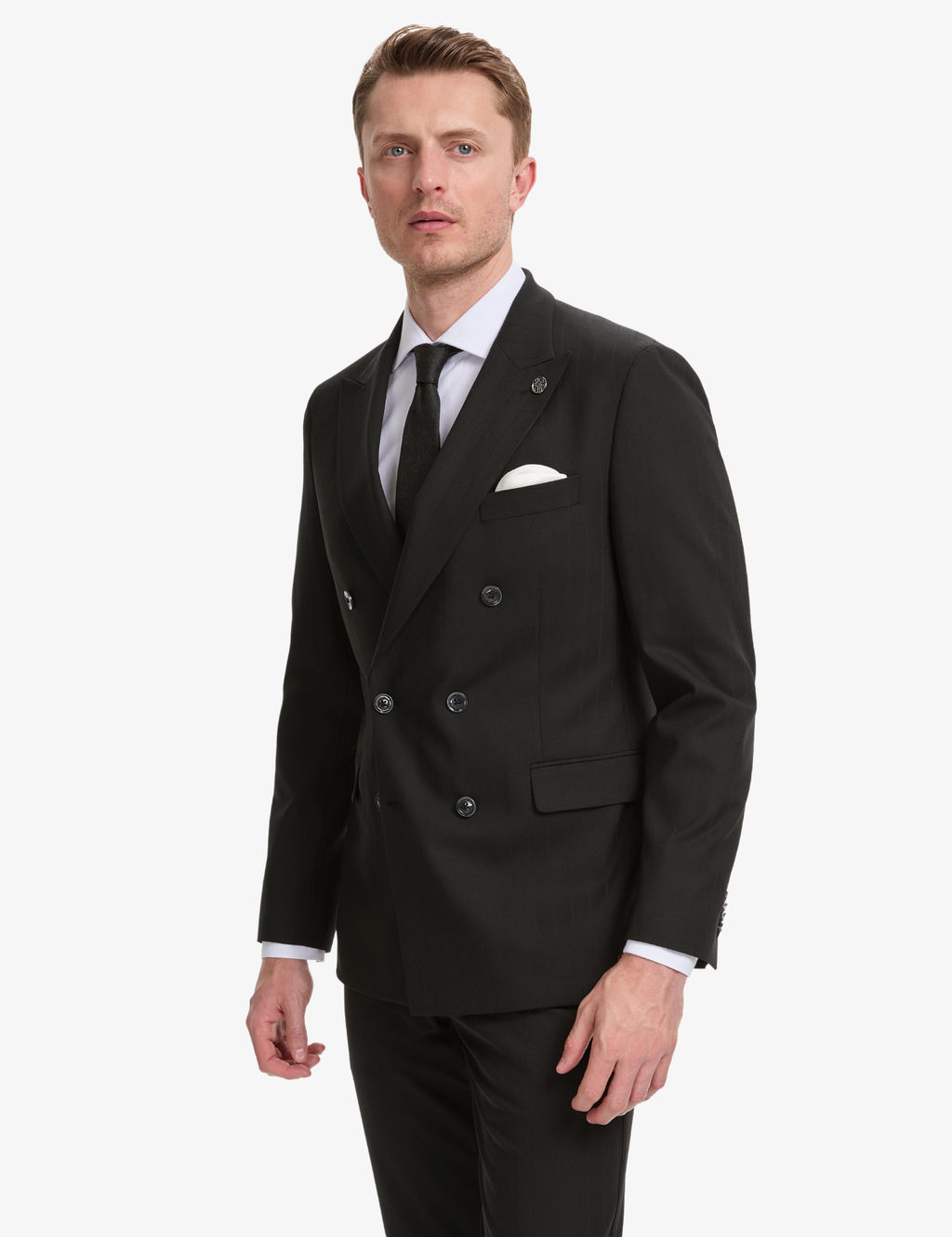 Siyah Ex. Slim Fit _izgili Kruvaze Tak_m Elbise