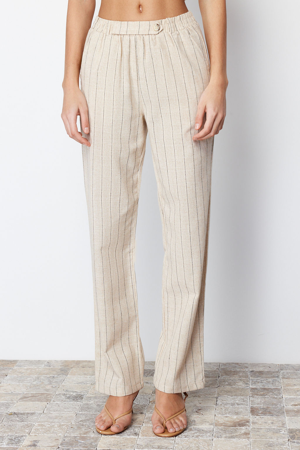 Bej Cizgili Beli Lastikli Cepli Straight/Duz Kesim Pamuk Keten Dokuma Pantolon TWOSS24PL00055