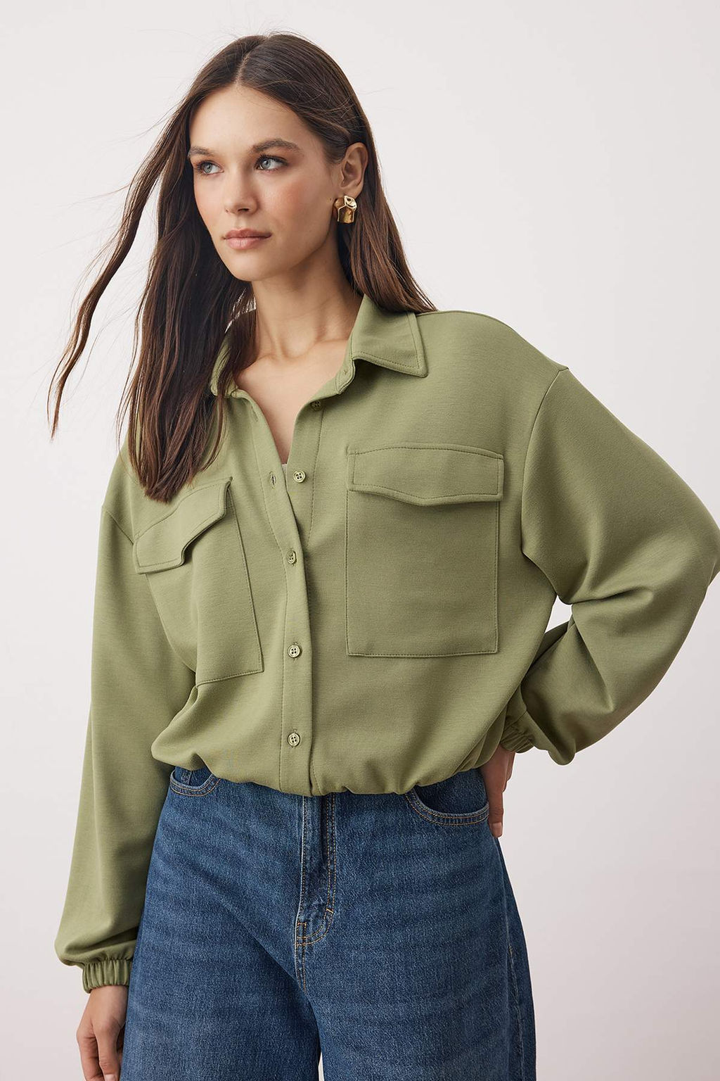 Haki Polo Yaka C?tc?tl? Relaxed/Rahat Kesim Bomber Orme Sweatshirt TWOAW26SW00036