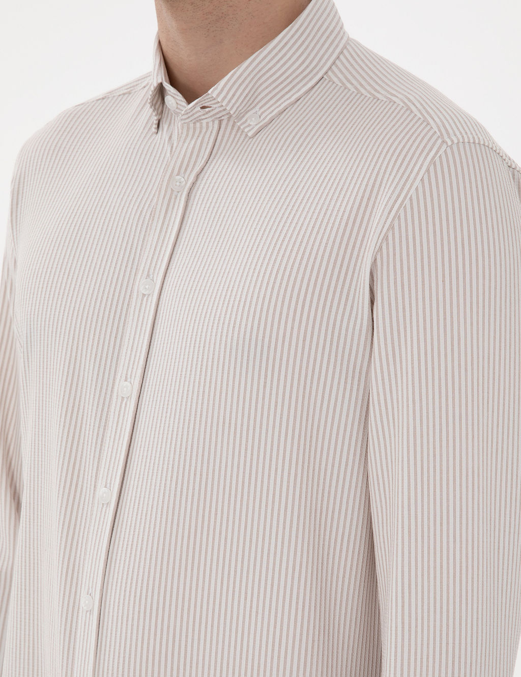 Bej Slim Fit _izgili Uzun Kollu G_mlek