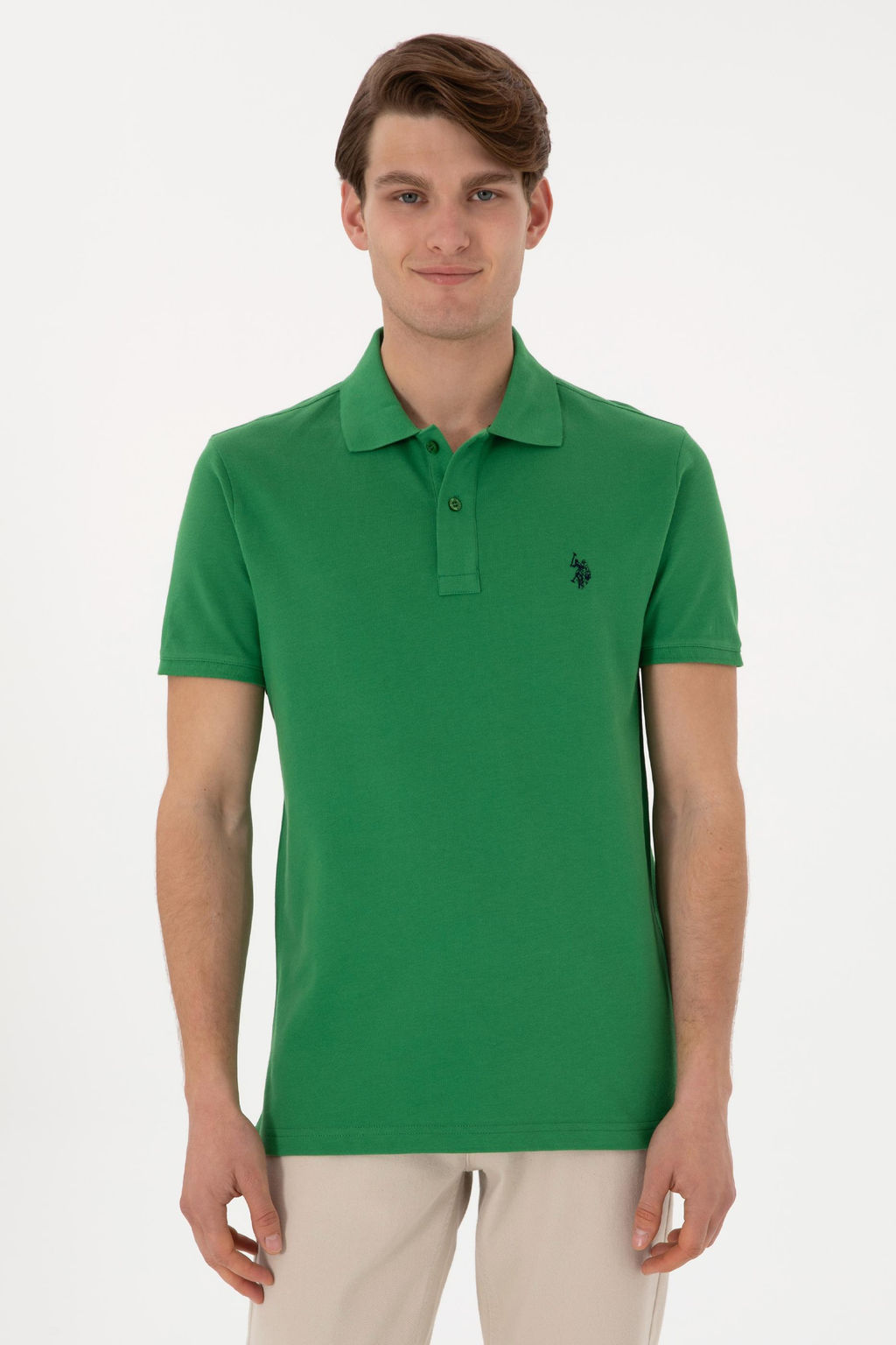 Erkek Slim Fit Polo Yaka Ye_il Basic Ti__rt