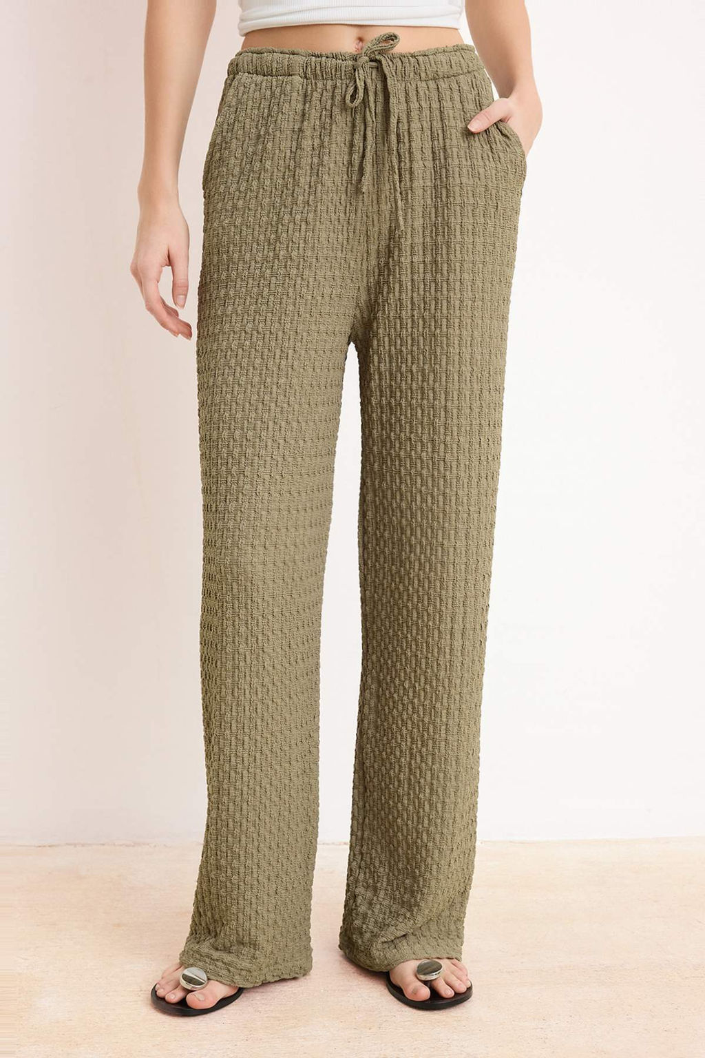 Haki Wide Leg/Genis Paca Lastikli Dokulu Orme Pantolon TWOSS26PL00121 - Trendyolmilla фото 3