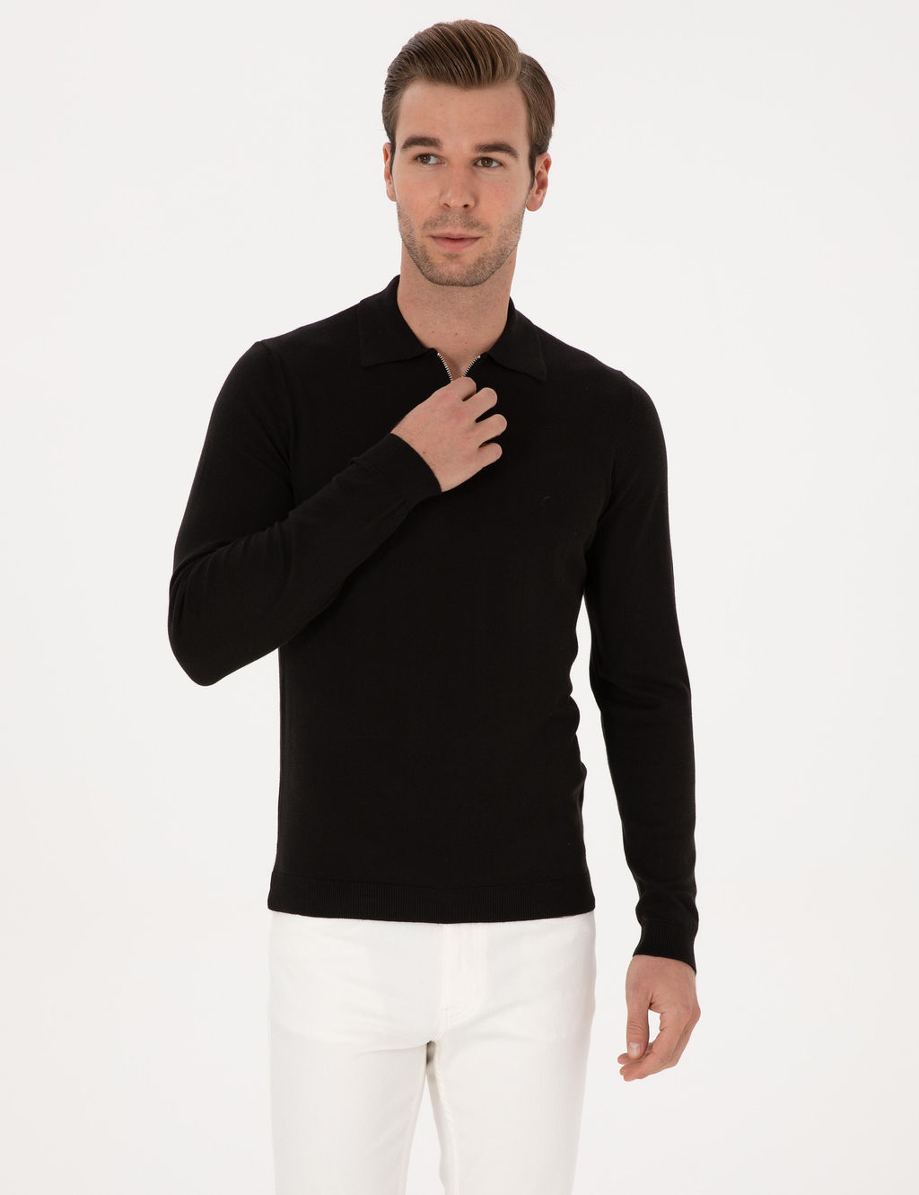 Siyah Regular Fit Pamuk Kar___ml_ Fermuarl_ Polo Yaka Basic Triko Kazak - Cacharel фото 3