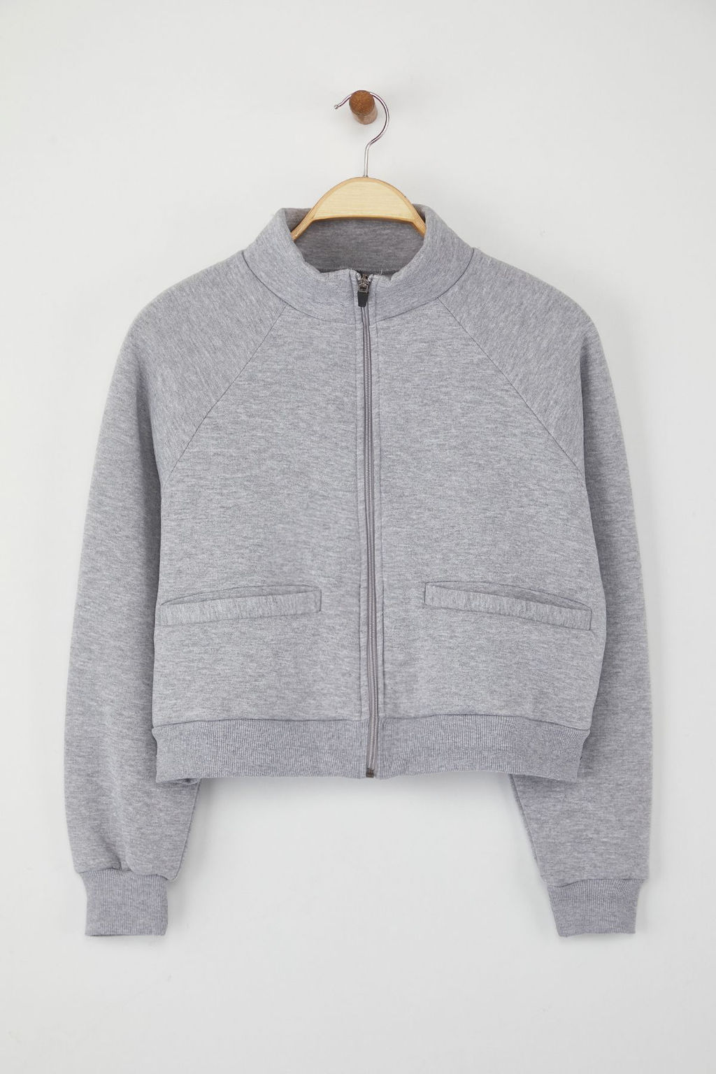 Gri Melanj Regular/Normal Kal?p Fermuarl? Dik Yaka Kal?n Ici Polarl? Orme Sweatshirt TWOAW26SW00017