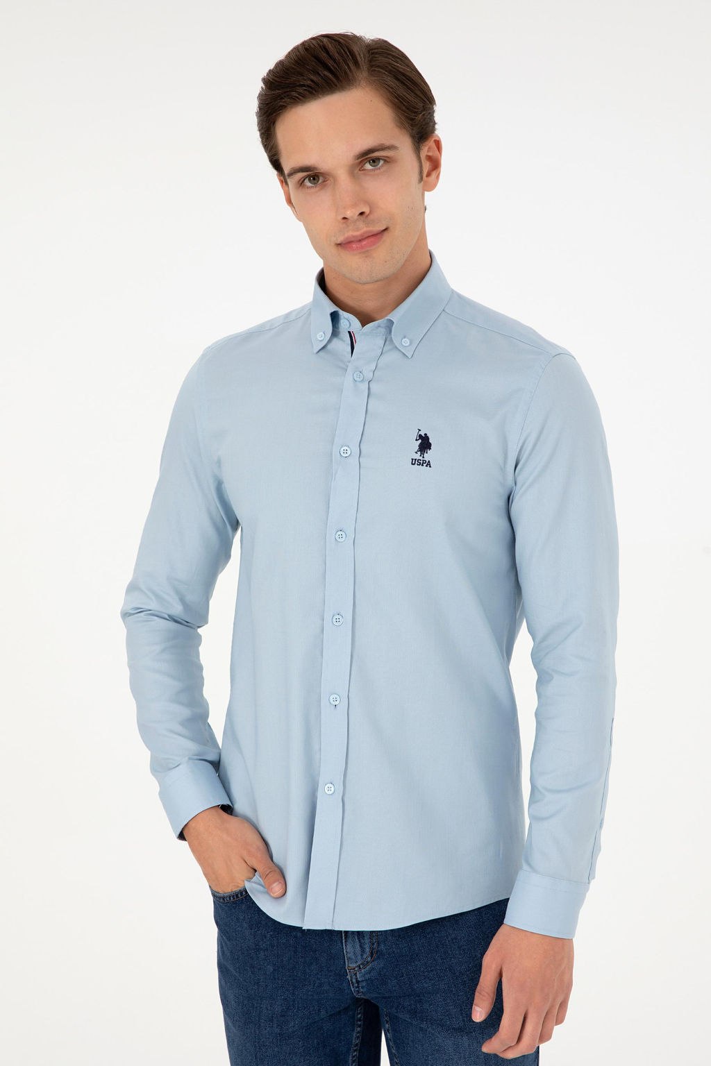Рубашка мужская U.S. Polo Assn с длинным рукавом голубая  фото 10