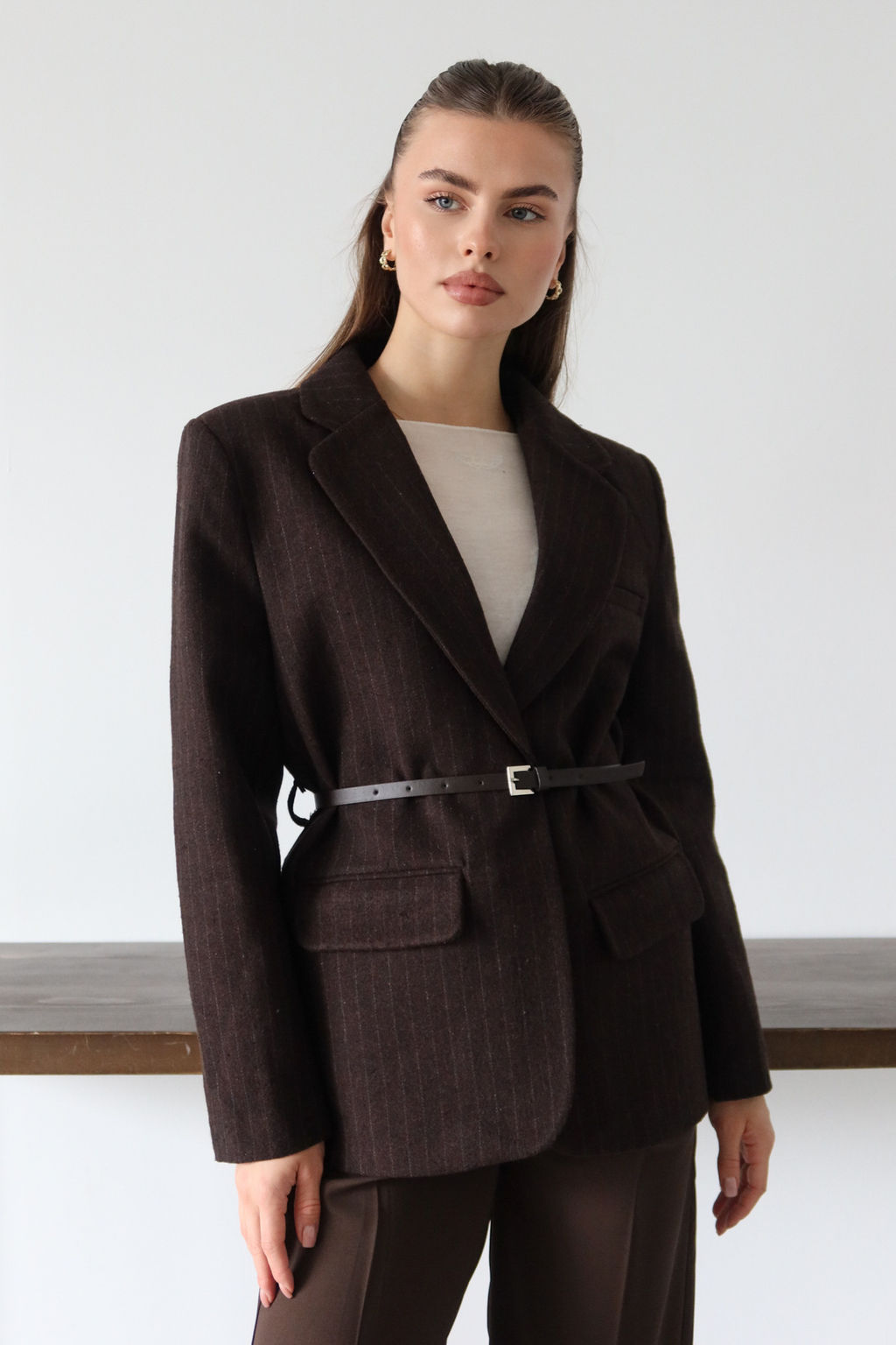 Kahverengi Kase Cizgili Kemerli Dokuma Blazer Ceket TWOAW26BC00072 - Trendyolmilla фото 5