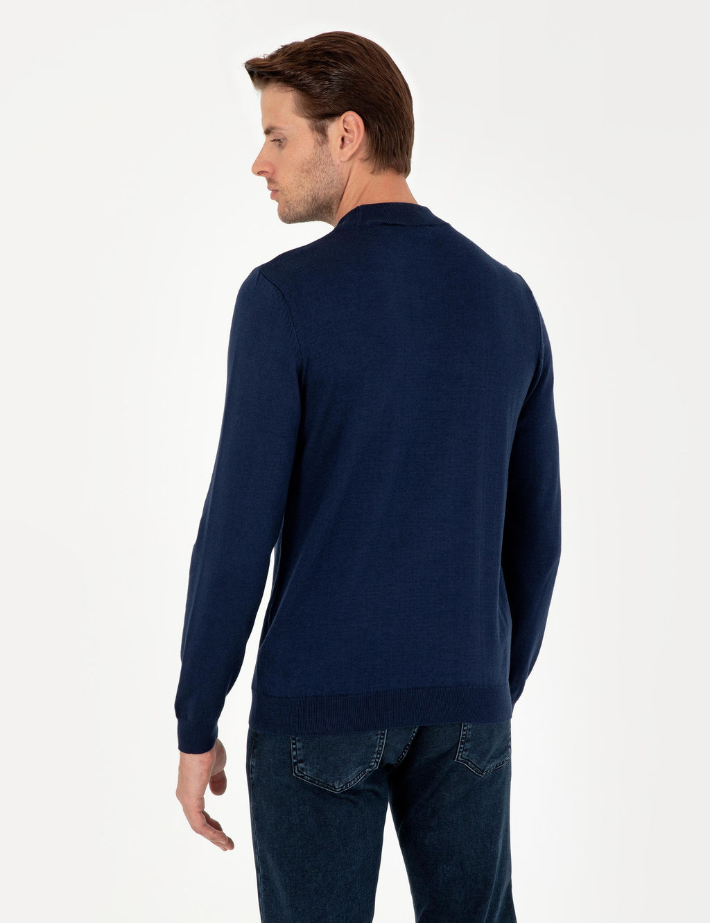 A__k Lacivert Slim Fit Yar_m Bal_k__ Yaka Basic Triko Kazak