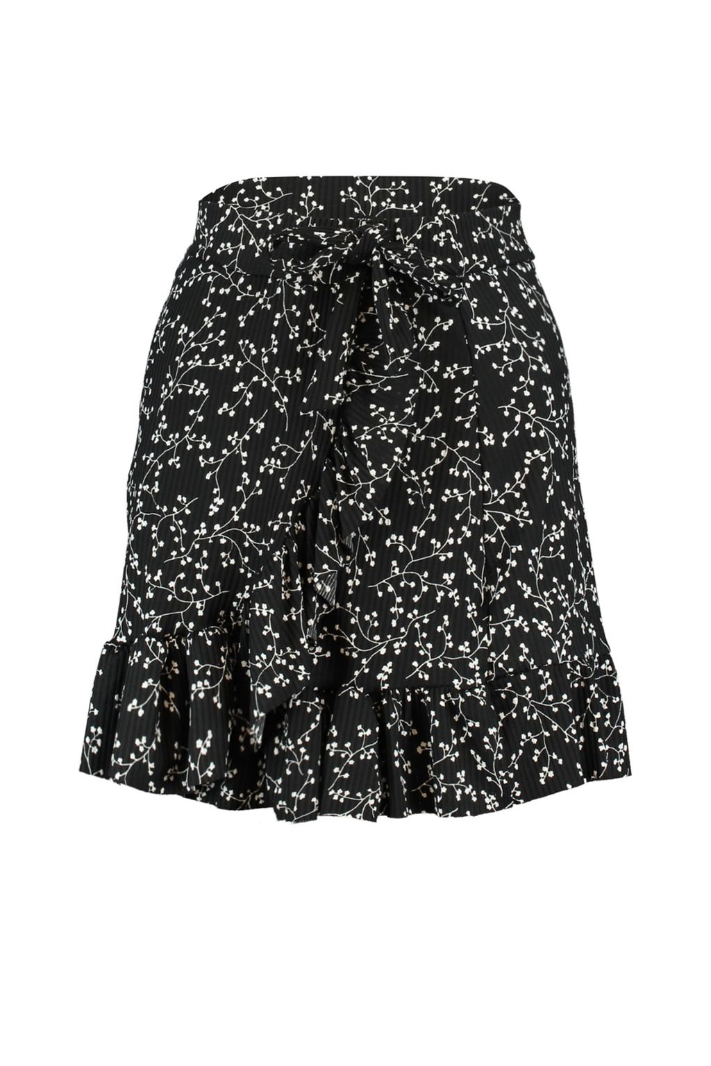 Siyah Bask?l? Volanl? Yuksek Bel Mini Esnek Orme Etek TWOSS21ET0010