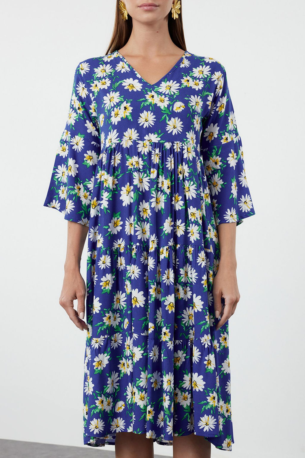 Mavi Cicekli Desenli Genis Kesim V Yaka Dokuma Elbise TWOSS24EL01029