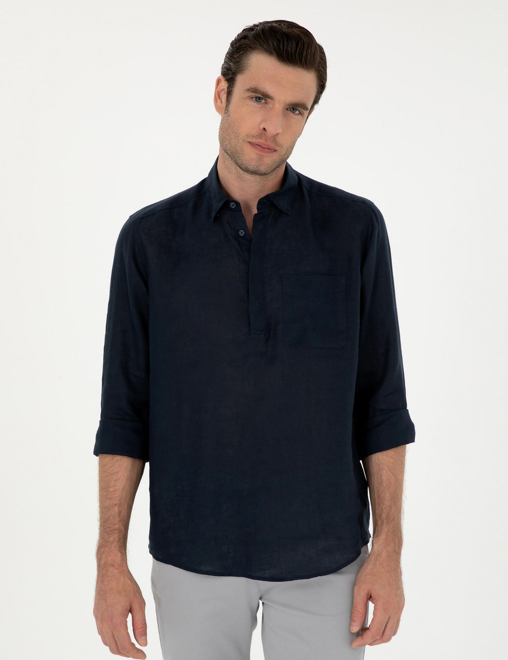 Lacivert Slim Fit Yar_m D__meli %100 Keten G_mlek