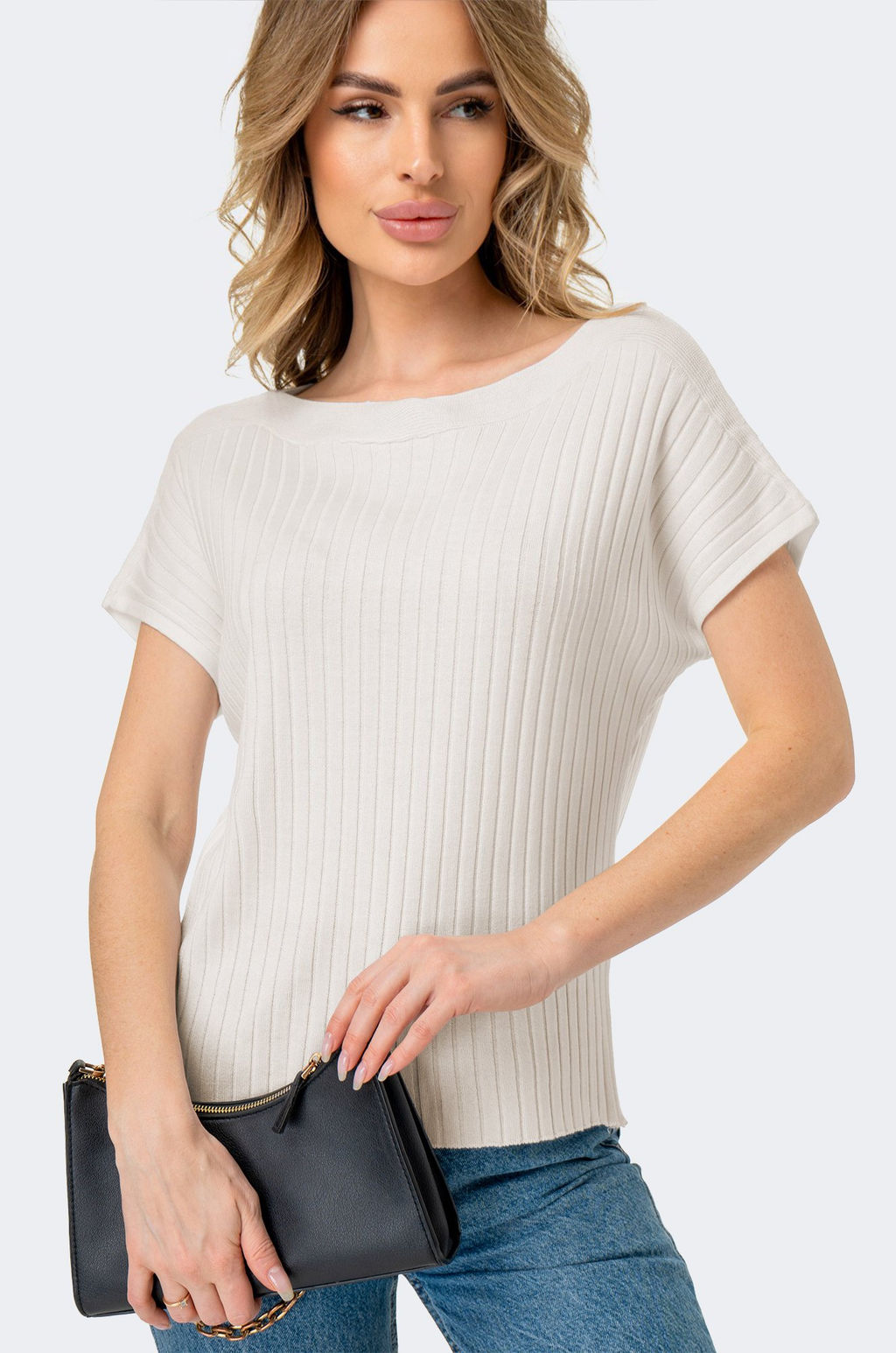 Женский джемпер с коротким рукавом в рубчик Happy Fox  фото 27