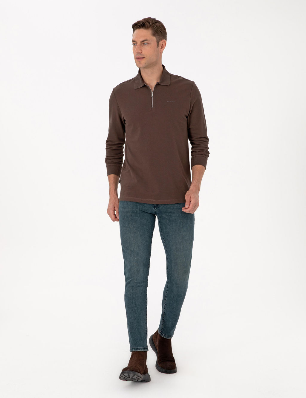 Koyu Kahverengi Slim Fit K_vr_lmaz Fermuarl_ Polo Yaka Basic Pike Sweatshirt - Pierre cardin фото 4