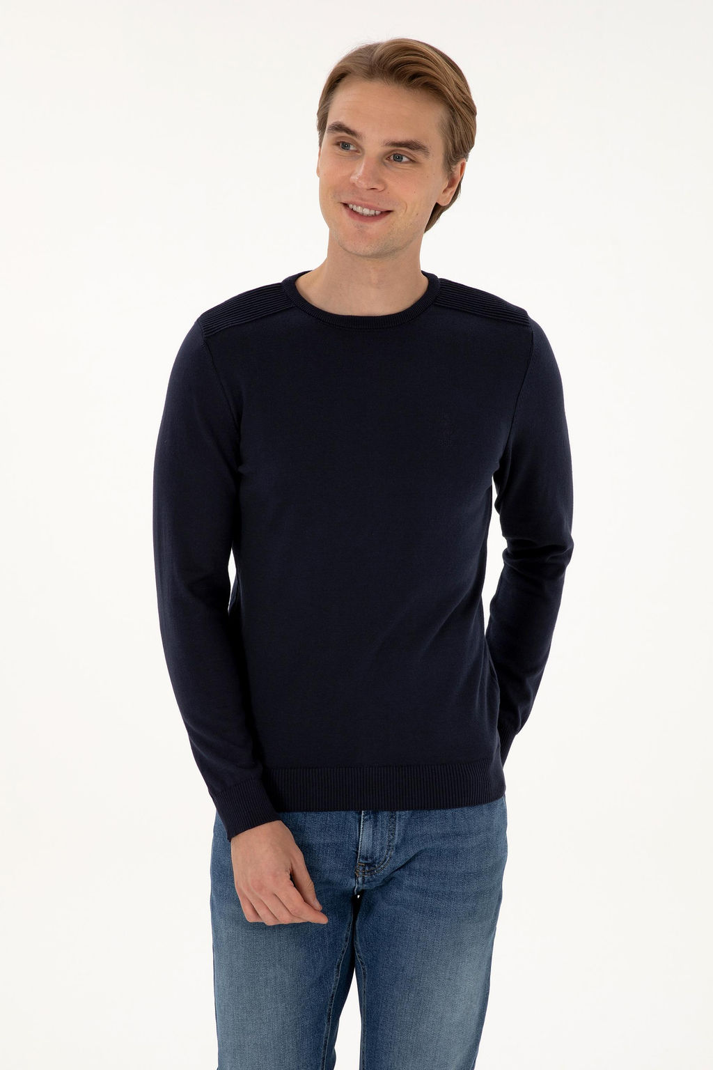 Erkek Slim Fit Bisiklet Yaka Lacivert Basic Kazak