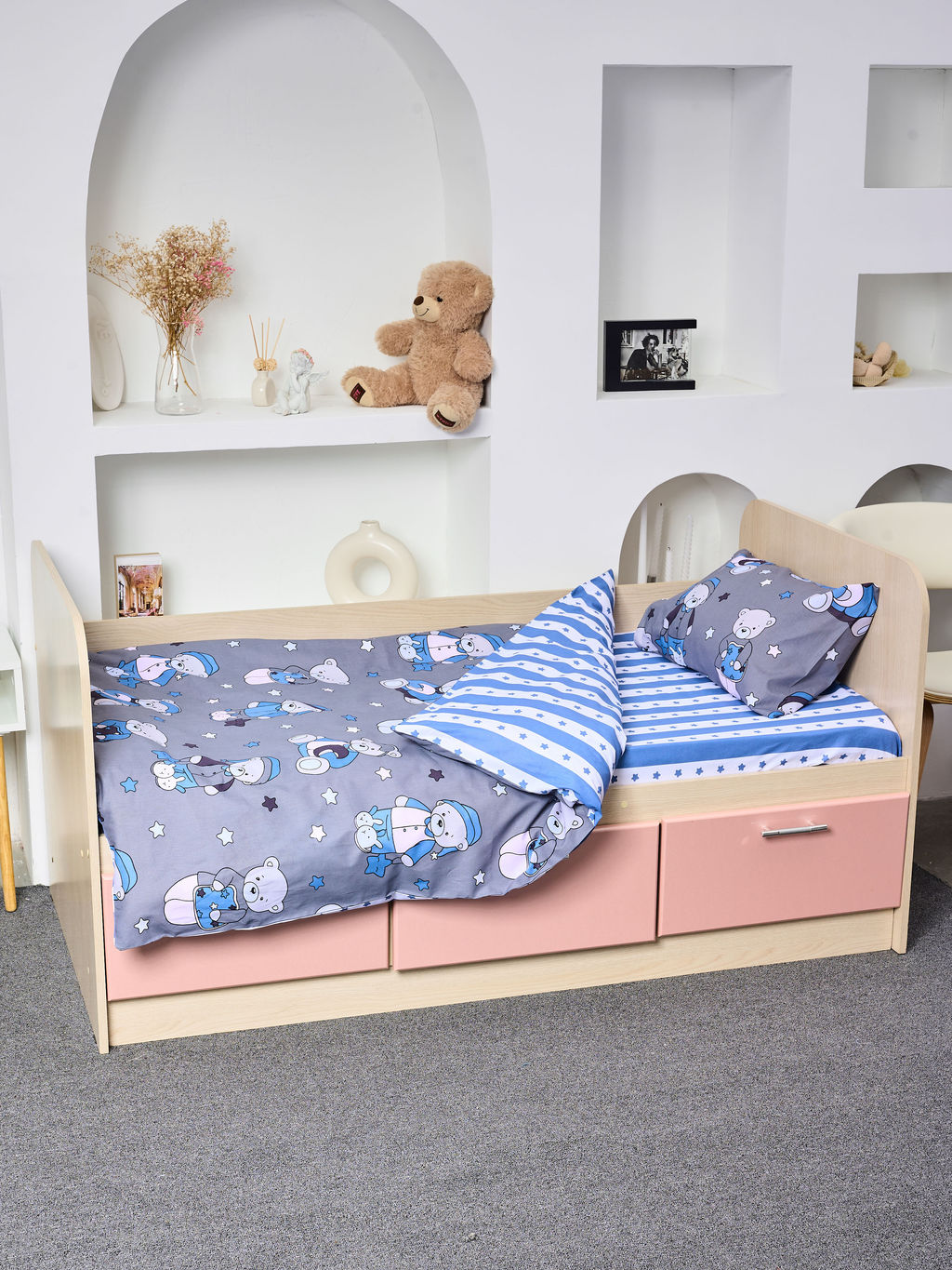 Постельное белье детское поплин с простыней на резинке - Мишки, цвет синий 145*112; 80*160*20; 40*60