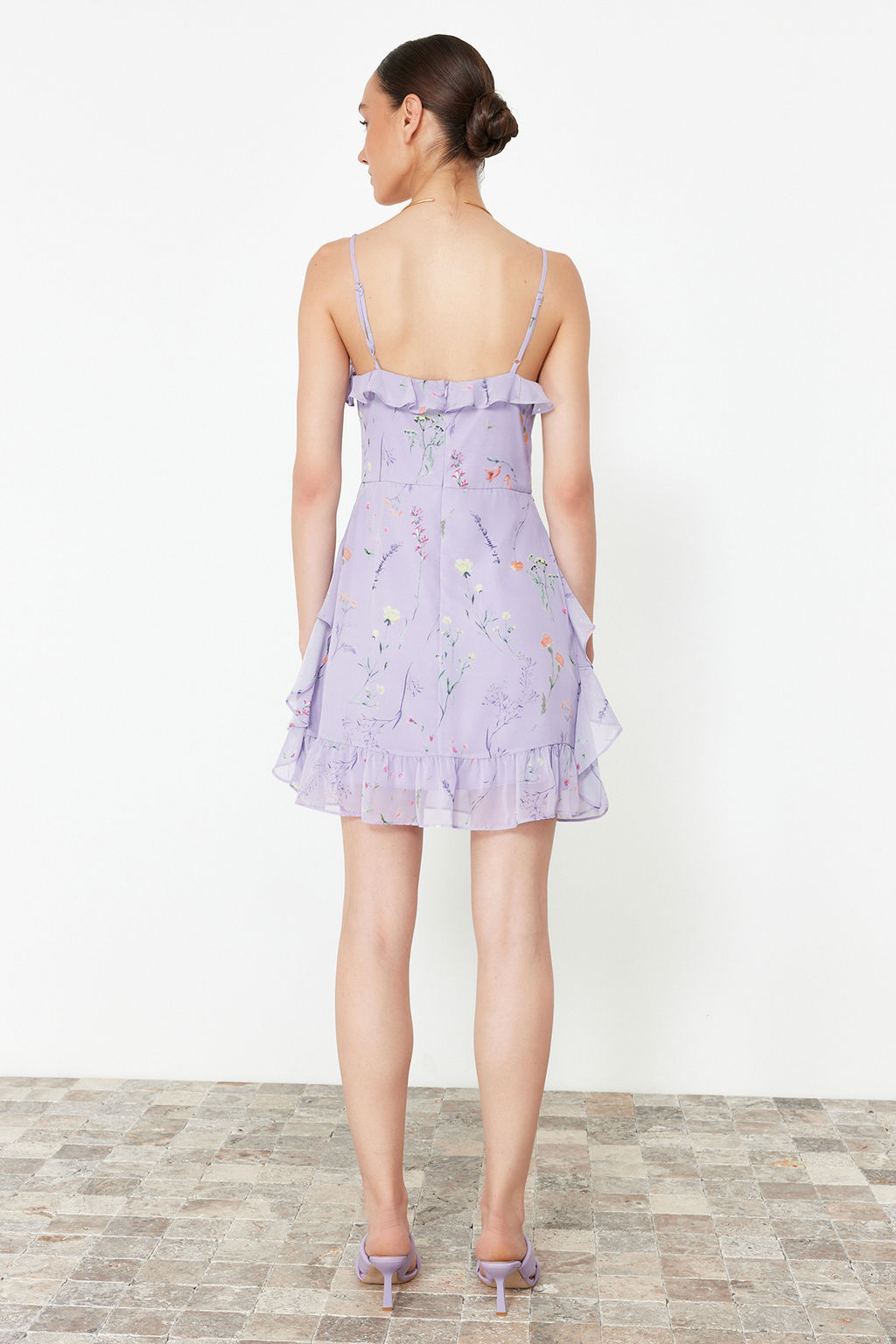 TRENDYOLMILLA Mint Cicek Desenli A Kesim Mini Astarl? Volanl? Dokuma Elbise TWOSS20EL1267 фото 13