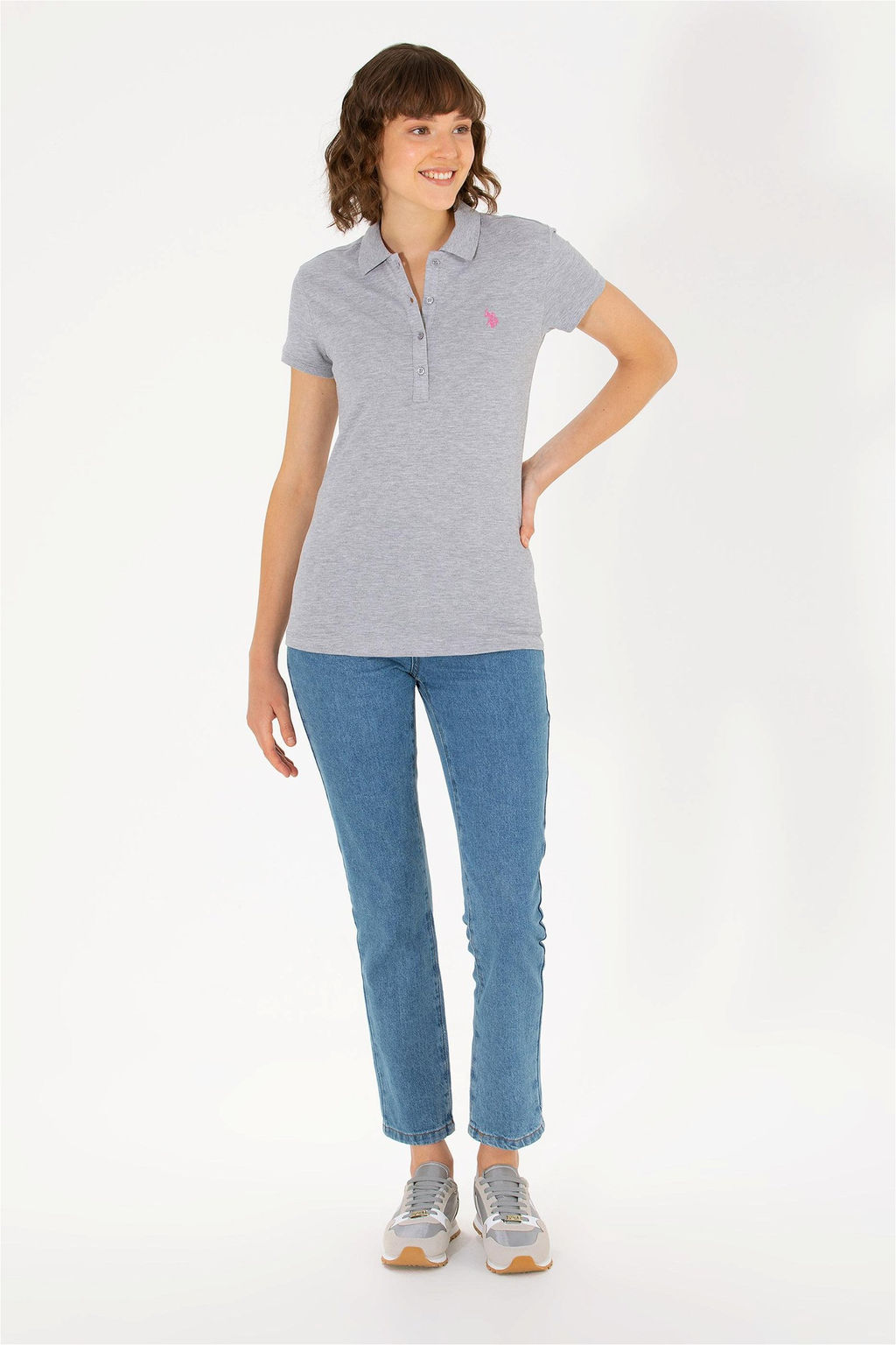 U. S. Polo Assn Женская серая меланжевая базовая футболка с воротником-поло - U.s. polo assn фото 10