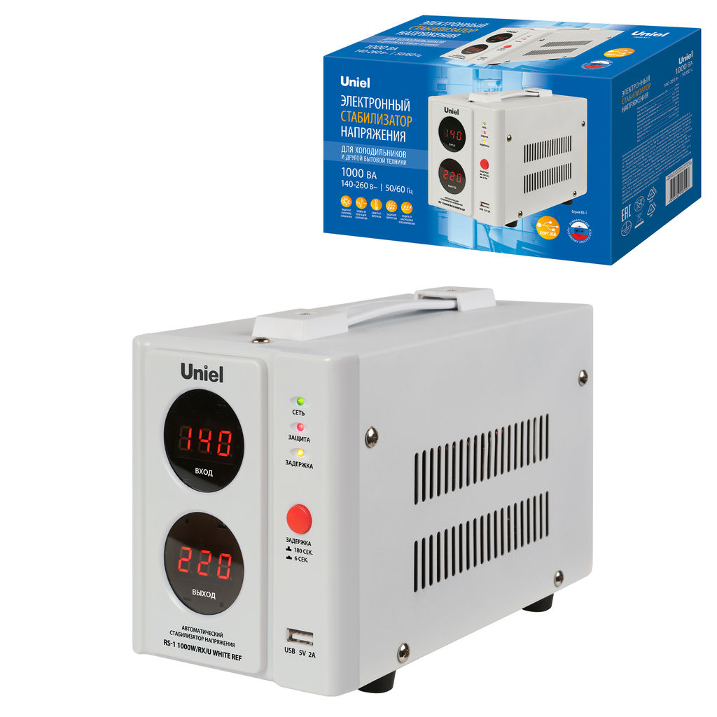 RS-1 1000W/RX/U WHITE REF Стабилизатор напряжения для холодильников, 1000ВА. USB разъем. TM Uniel