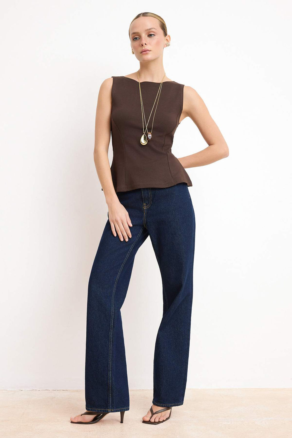 Kahverengi S?f?r Kol Bisiklet Yaka Esnek Orme Bluz TWOSS25BZ00604