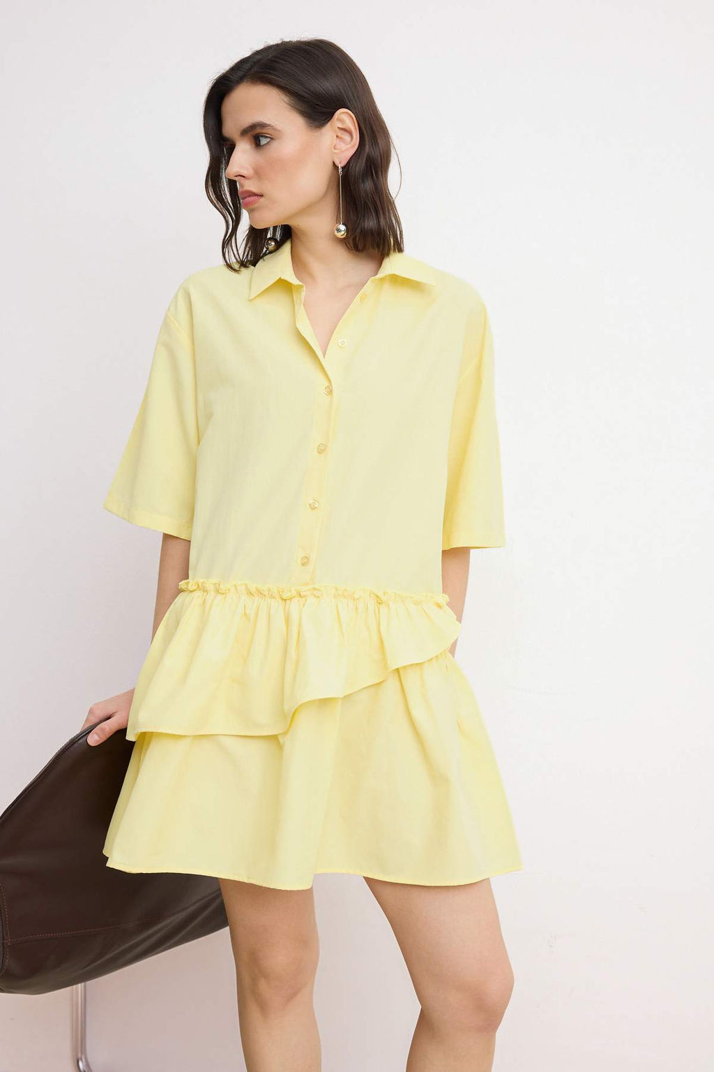 Ac?k Sar? Etek Detayl? Dokuma Gomlek Elbise TWOSS26EL00442 - Trendyolmilla фото 2