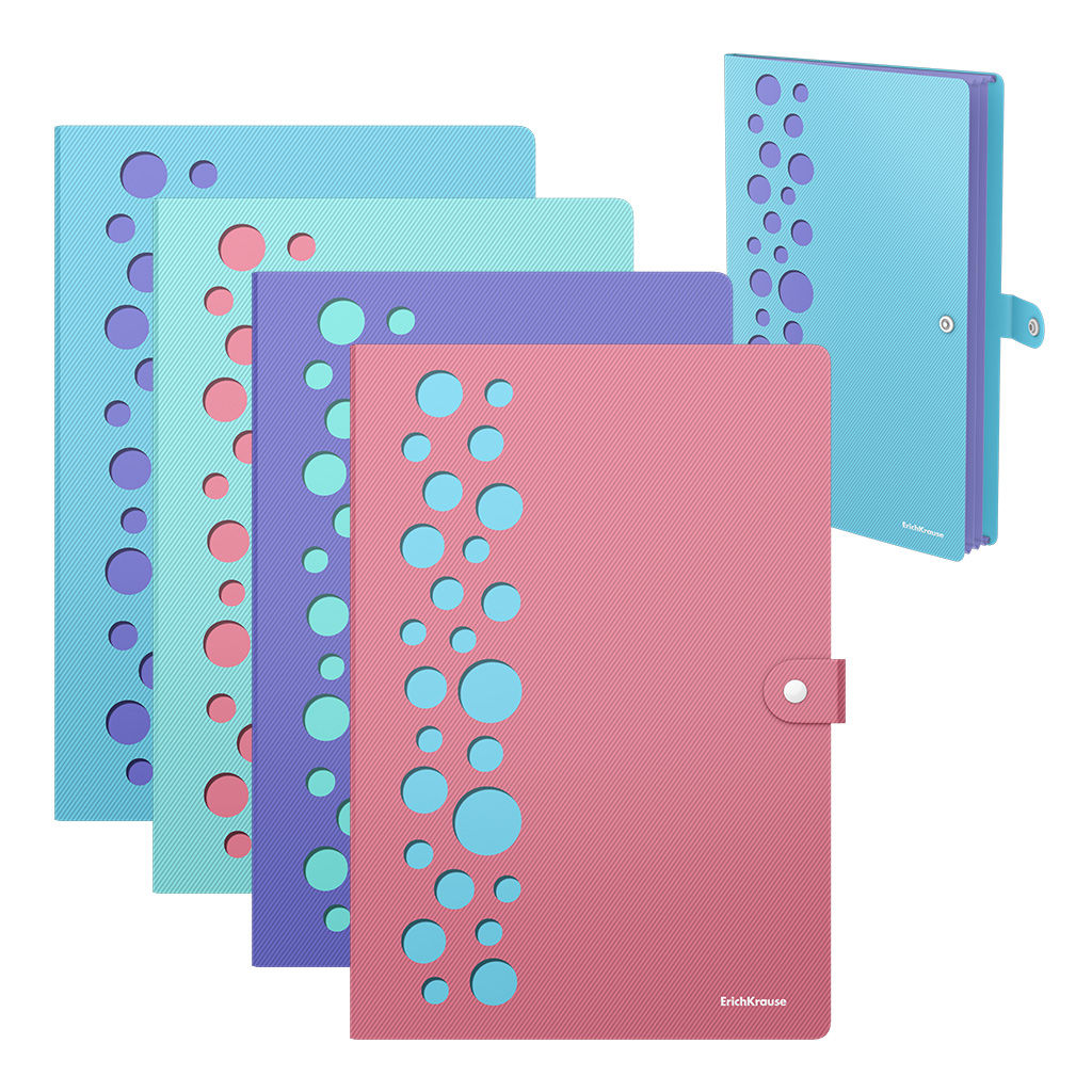 Цена за 4 шт. Папка-картотека на кнопке пластиковая ErichKrause Diagonal Pastel, с 4 отделениями, с перфорацией, A4, ассорти (в пакете по 4 шт.)