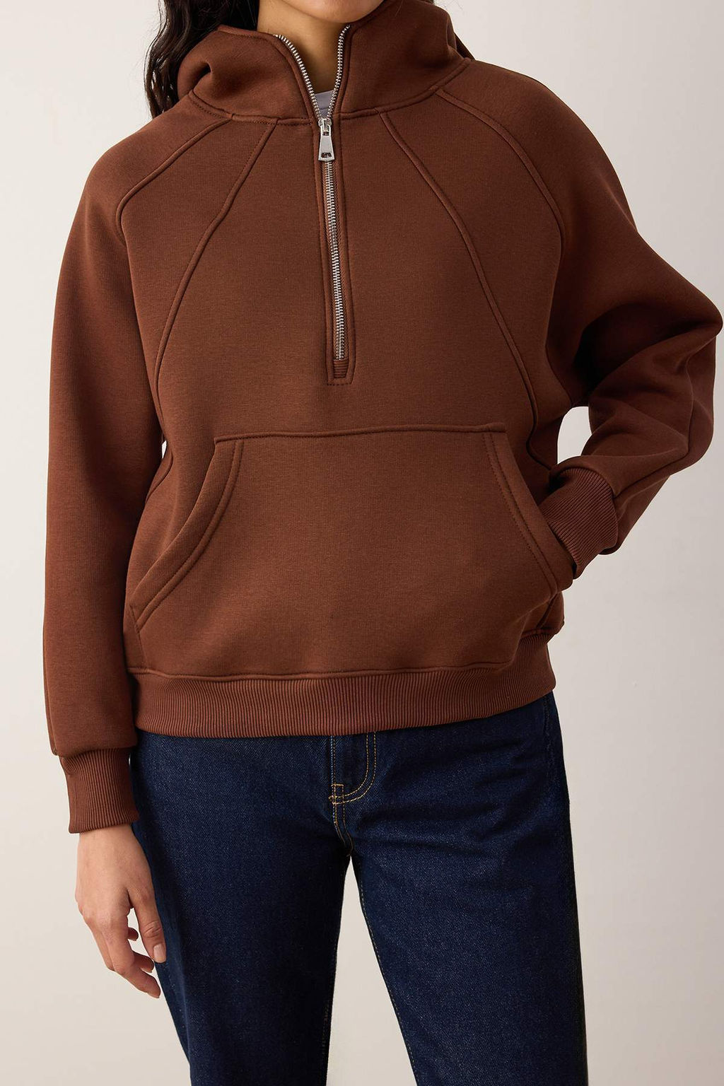 Kahverengi Yar?m Pat Fermuarl? Dikis Detayl? Oversize/Genis Kal?p Orme Sweatshirt TWOAW26SW00222