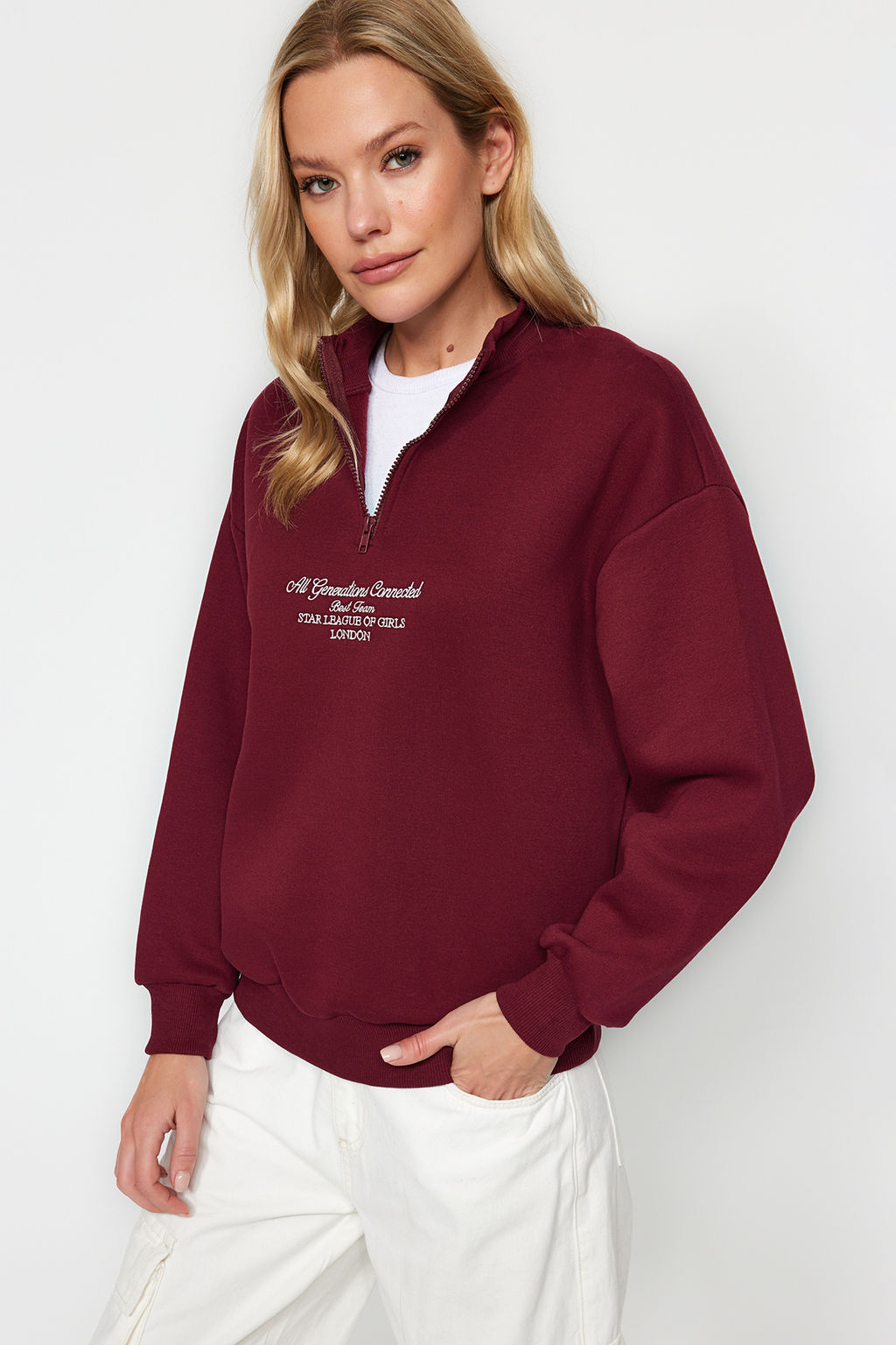 TRENDYOLMILLA Bordo Kal?n Ici Polarl? Fermuarl? Dik Yaka Oversize/Genis Kal?p Orme Sweatshirt TWOAW24SW00127  фото 2