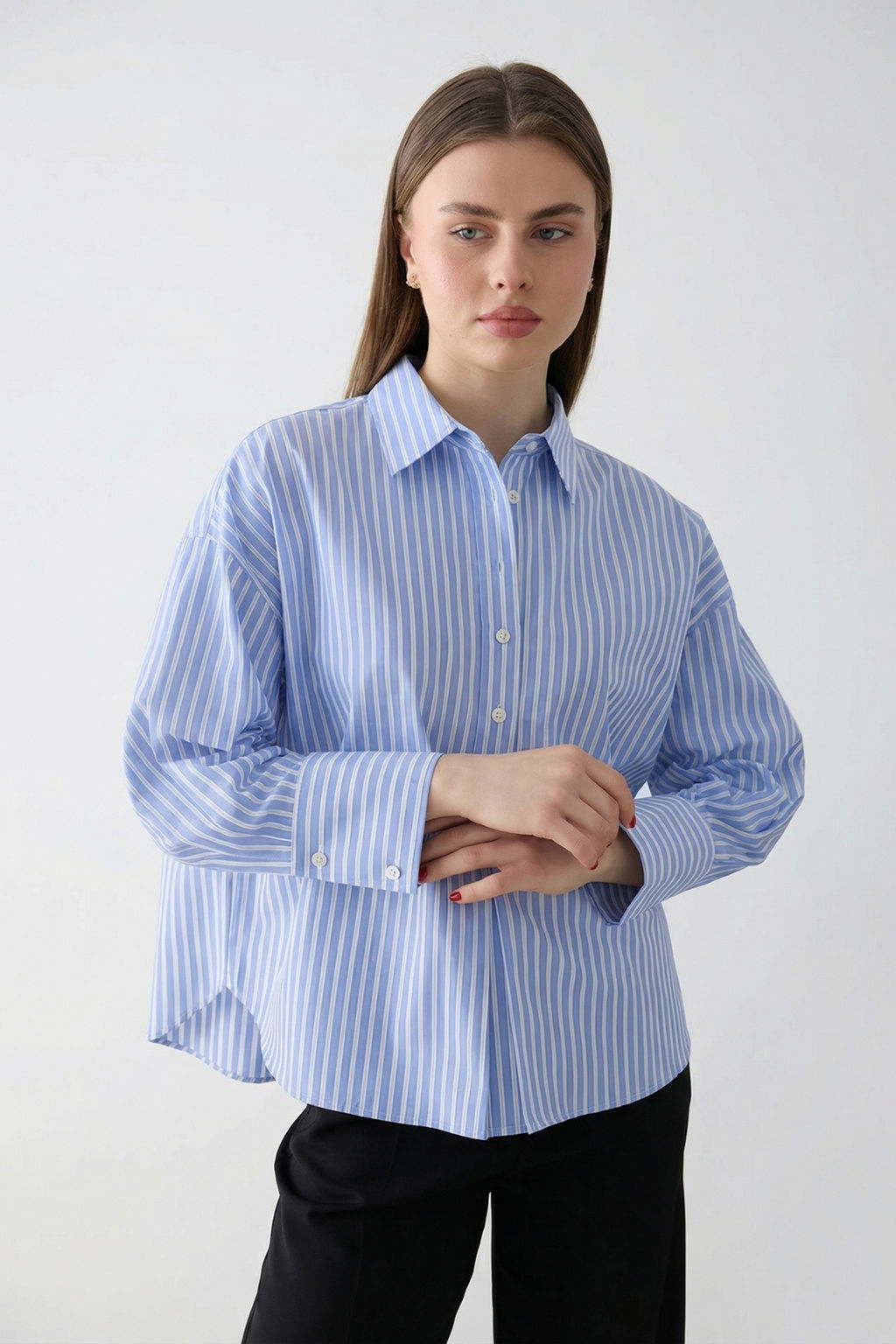 Koyu Kahverengi-Ekru Cizgili Yar?m Dugmeli Oversize Dokuma Bluz TWOSS26BZ00565 - Trendyolmilla фото 15