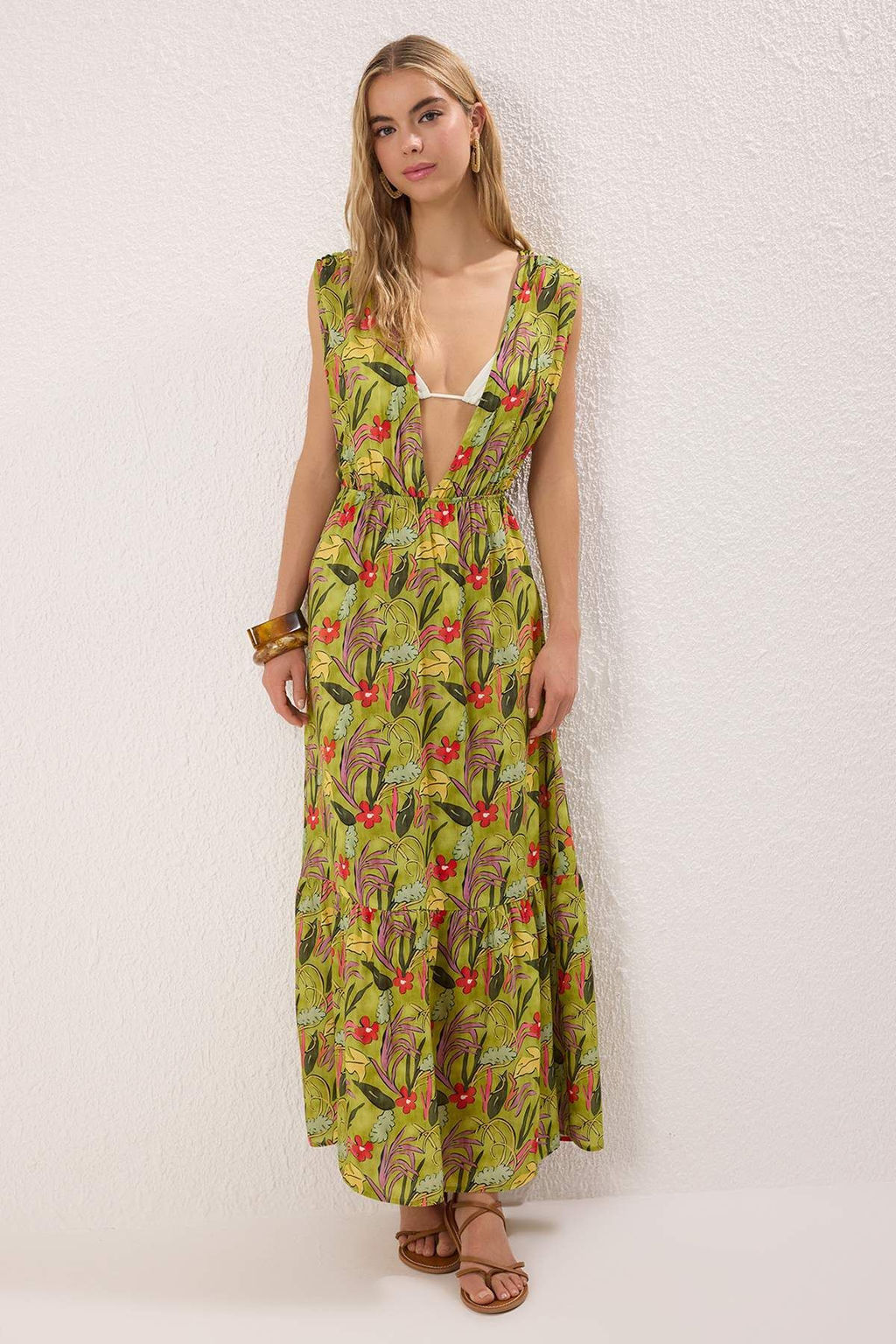 Cicek Desenli Dokuma S?rt Dekolteli %100 Pamuk Maxi Plaj Elbise TBESS25EL00100 - Trendyolmilla фото 2