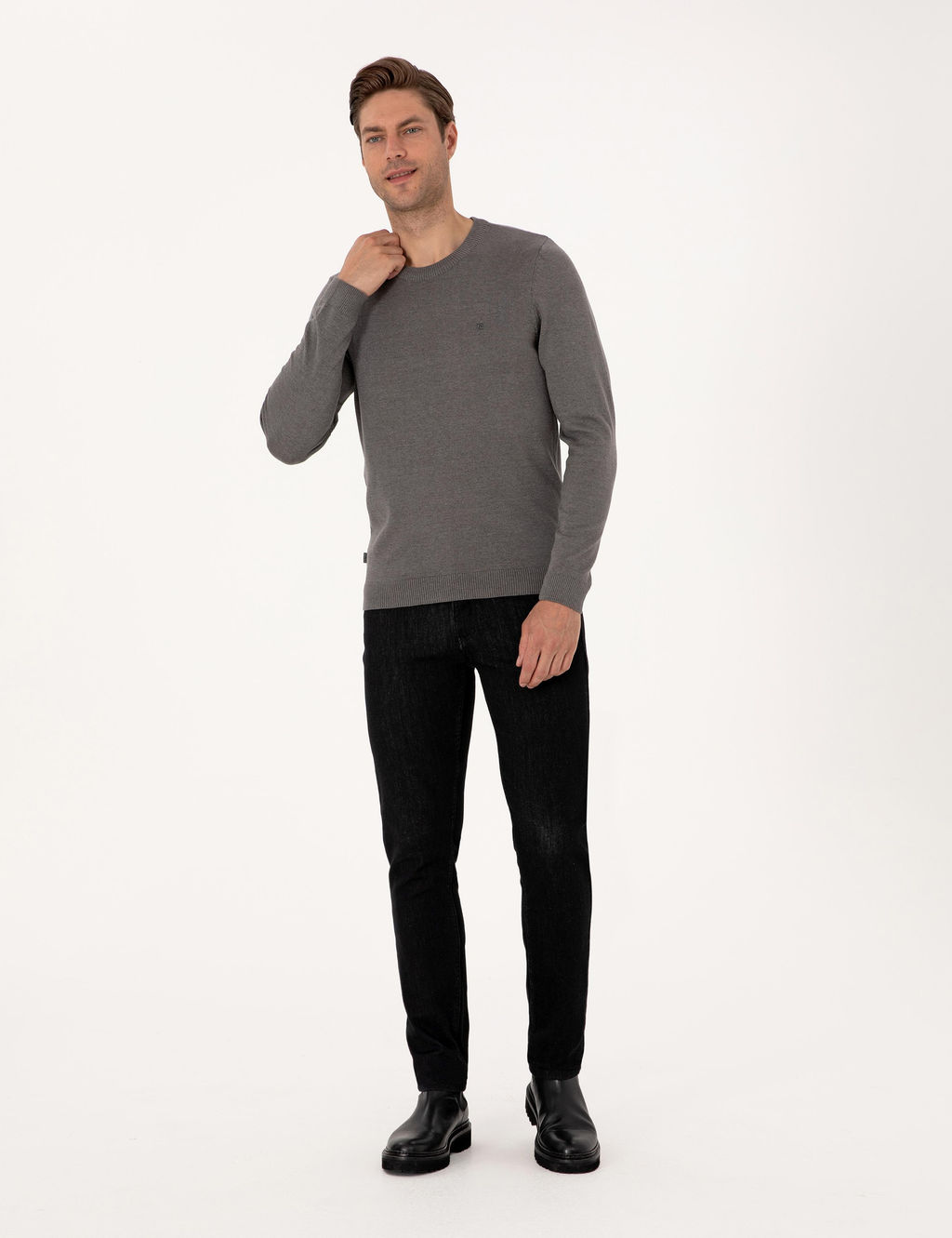 Gri Melanj Slim Fit Bisiklet Yaka Basic Triko Kazak - Pierre cardin фото 4