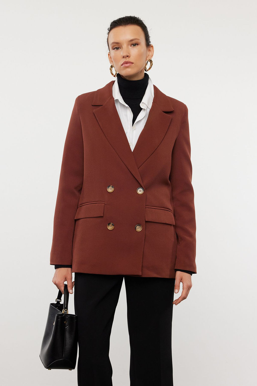 Koyu Kahverengi Regular Astarl? Kruvaze Kapama Dokuma Blazer Ceket TWOAW21CE0264