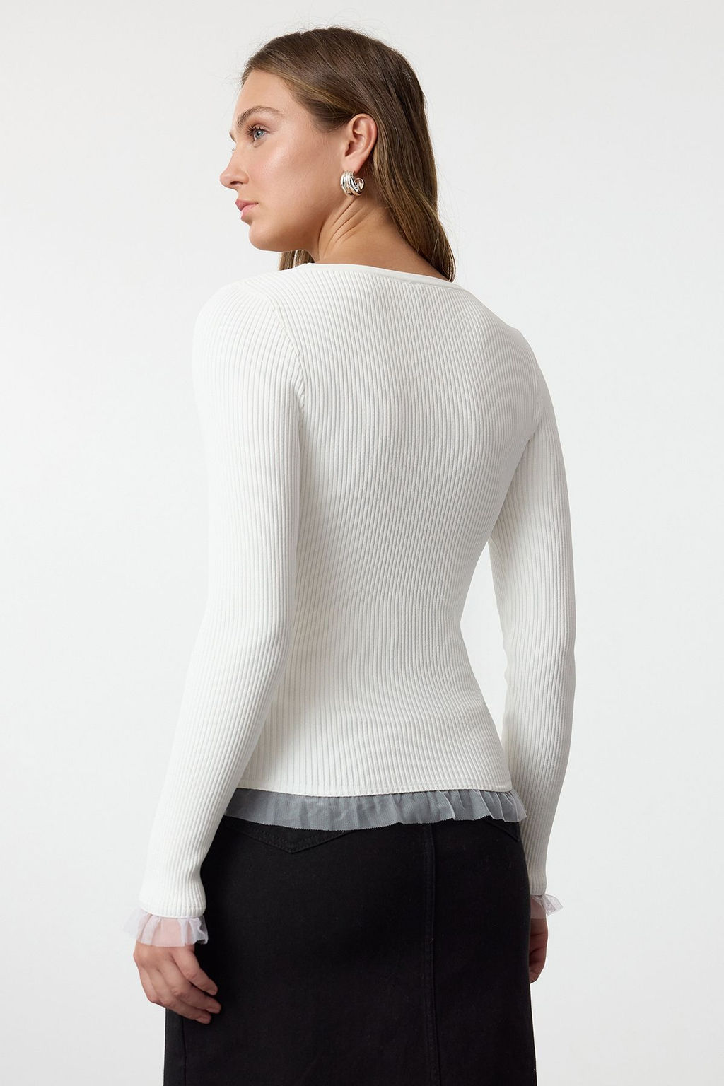 Pudra Tul Garnili Detayl? Fitted/Vucudu Saran Ince Triko Kazak TWOAW25KZ00124 - Trendyolmilla фото 10