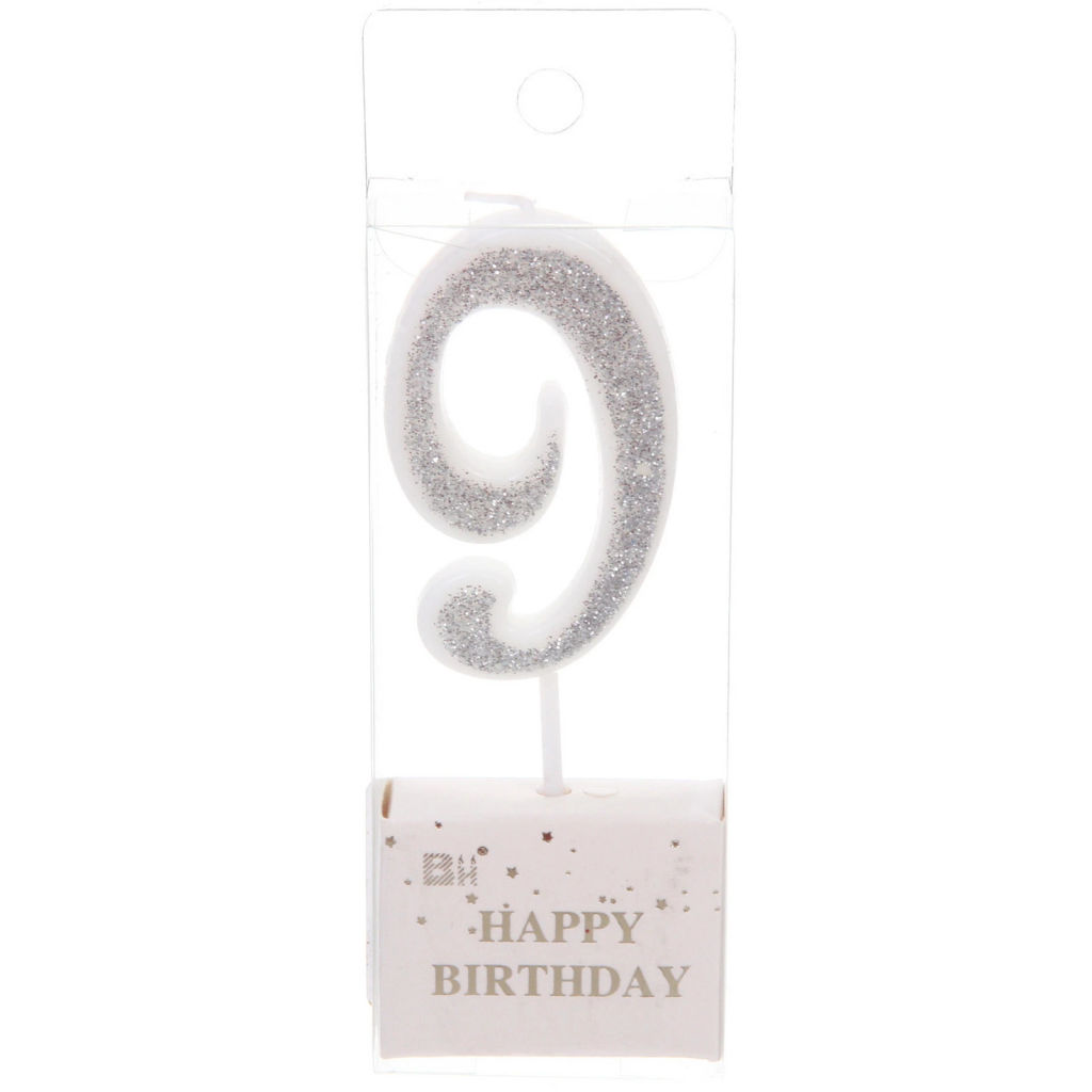 Цена за 10 шт. Свеча для торта Цифра Иллюзия "9" 9,5 см, серебро