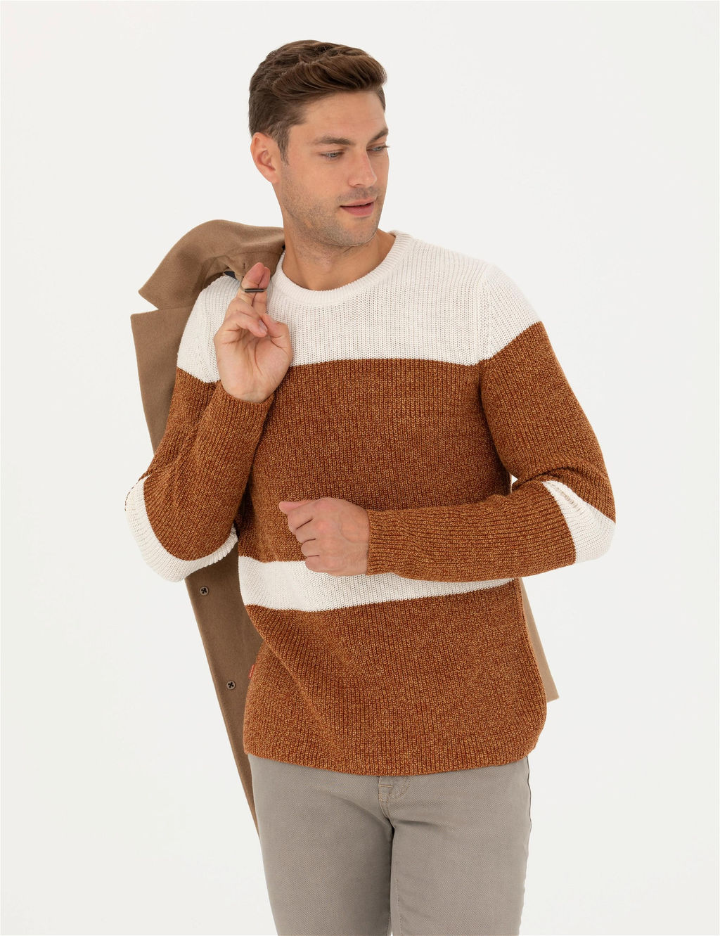 Bej Slim Fit Bisiklet Yaka Y_n Kar___ml_ Triko Kazak - Pierre cardin фото 2