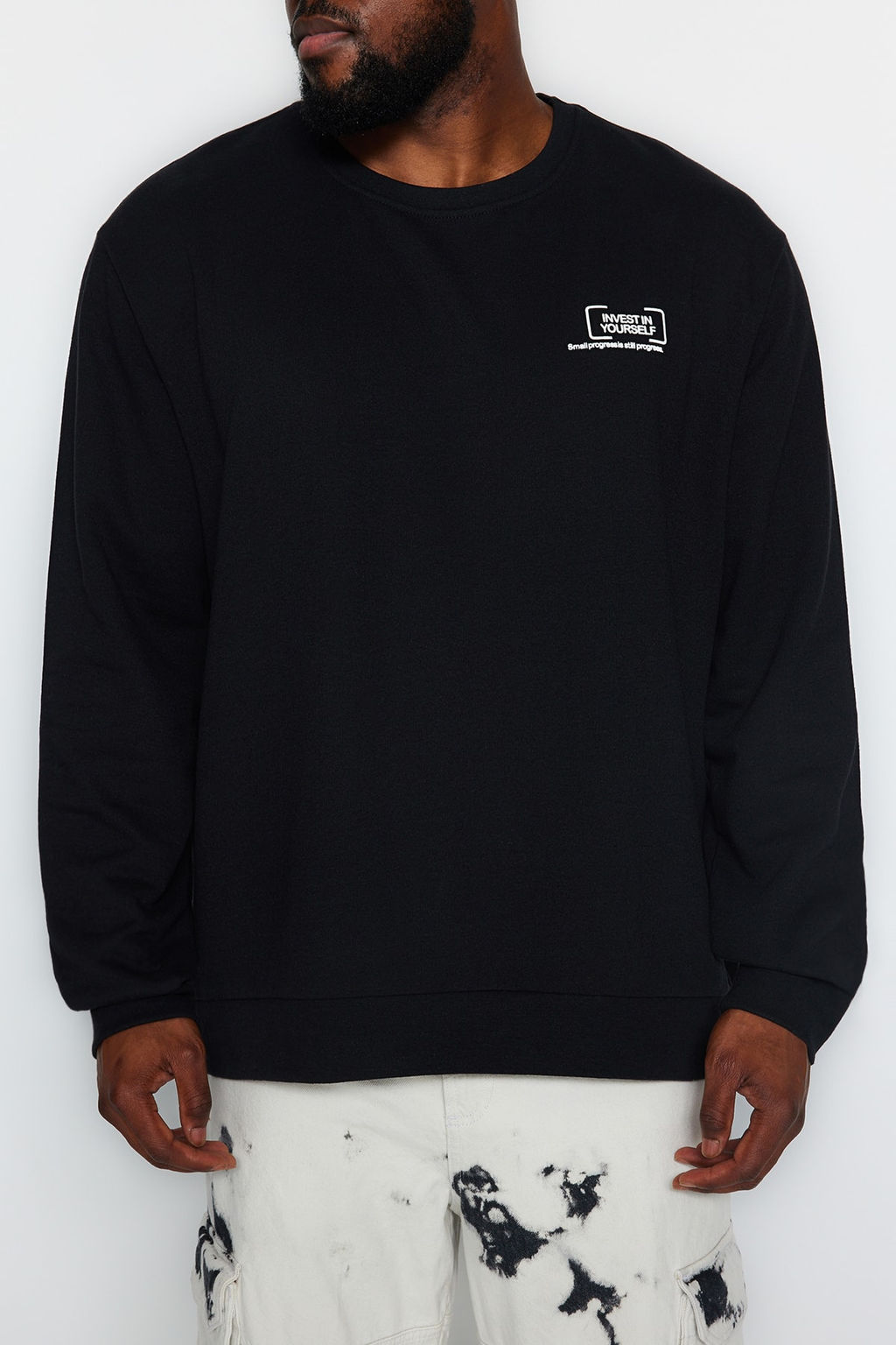 TRENDYOL MAN Siyah Buyuk Beden Regular/Normal Kesim Bask?l? Ici Polar/S?cak Tutan Sweatshirt TMNAW24AO00028 - Trendyolmilla фото 4