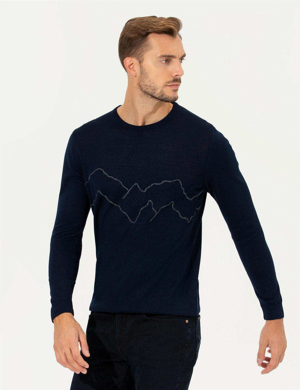 Lacivert Regular Fit Bisiklet Yaka Y_n Kar___ml_ Triko Kazak