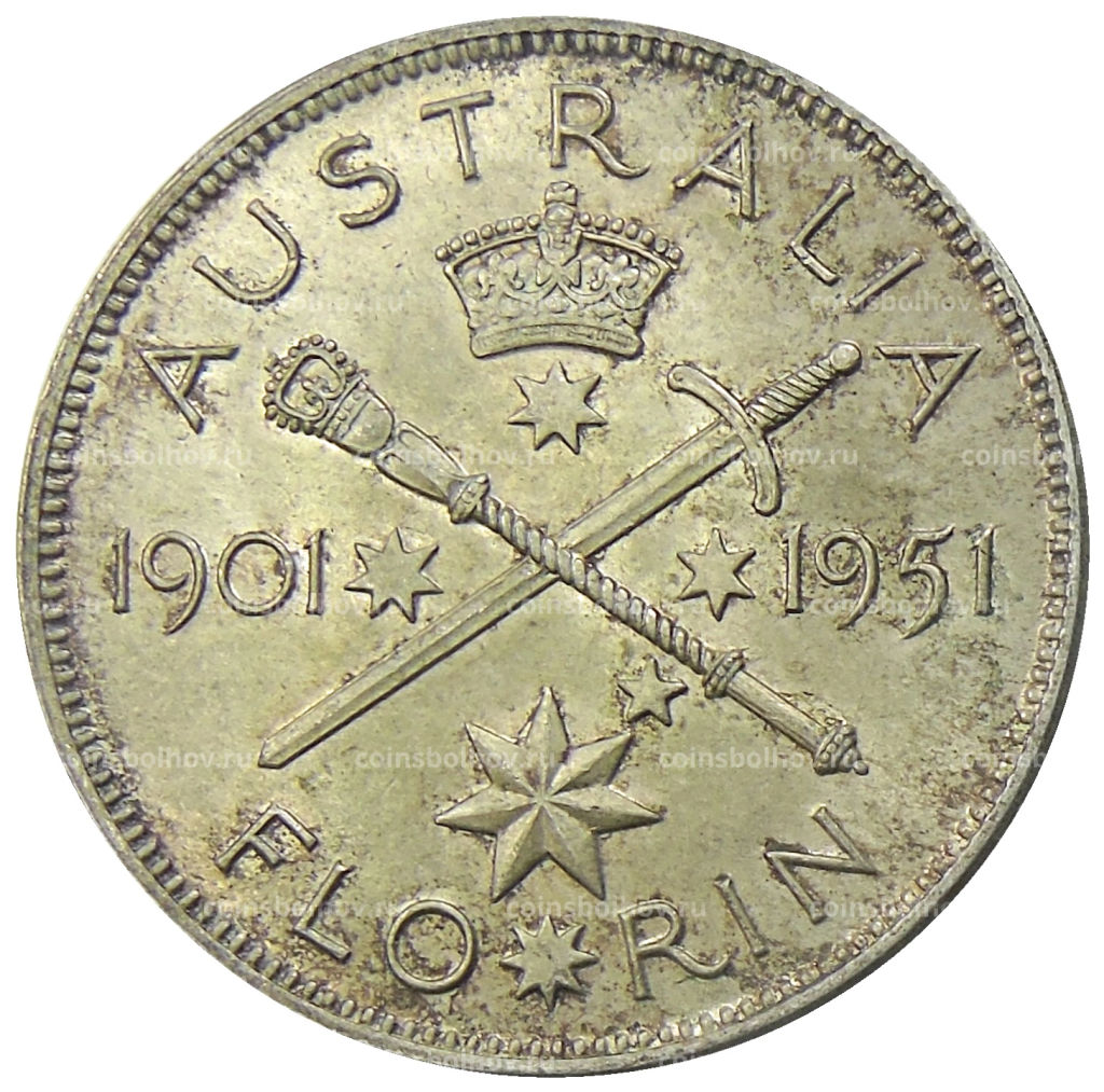 1 флорин (2 шиллинга) 1951 года Австралия  50 лет Федерации