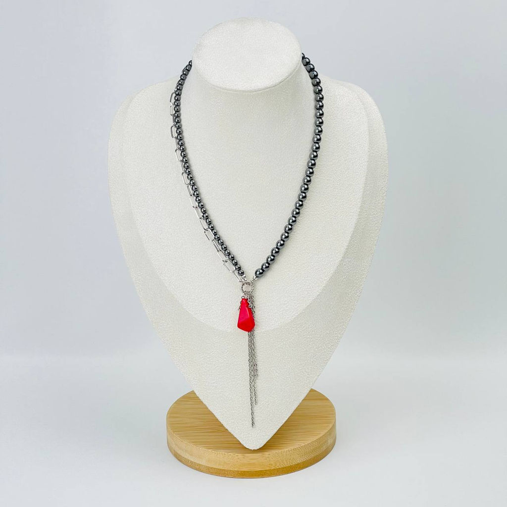 Колье из Гематита и Коралла 38 см +