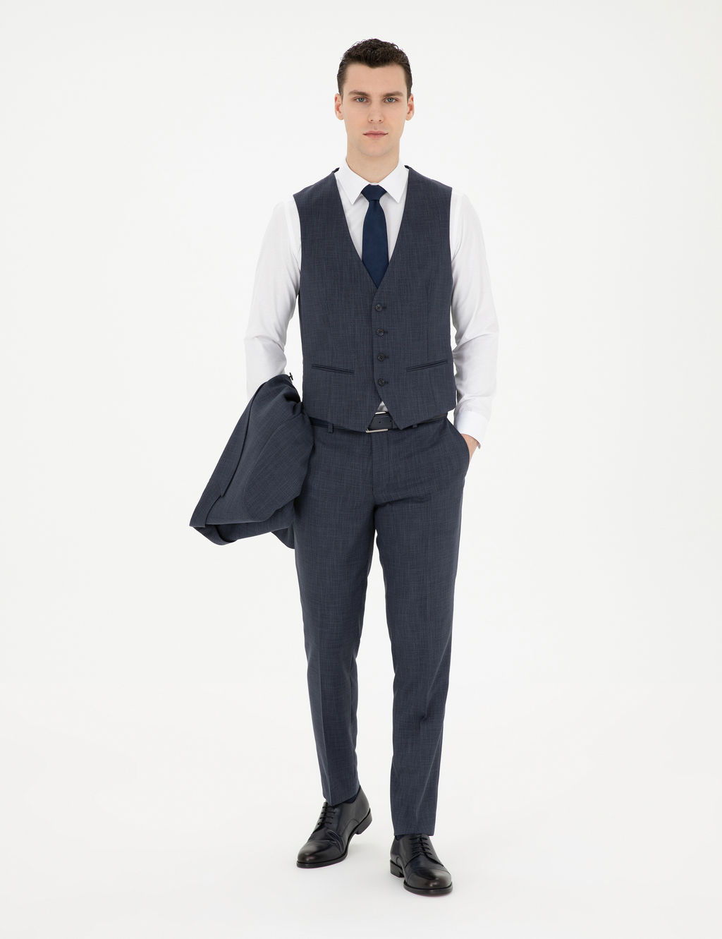 Lacivert Ekstra Slim Fit Yelekli Tak_m Elbise