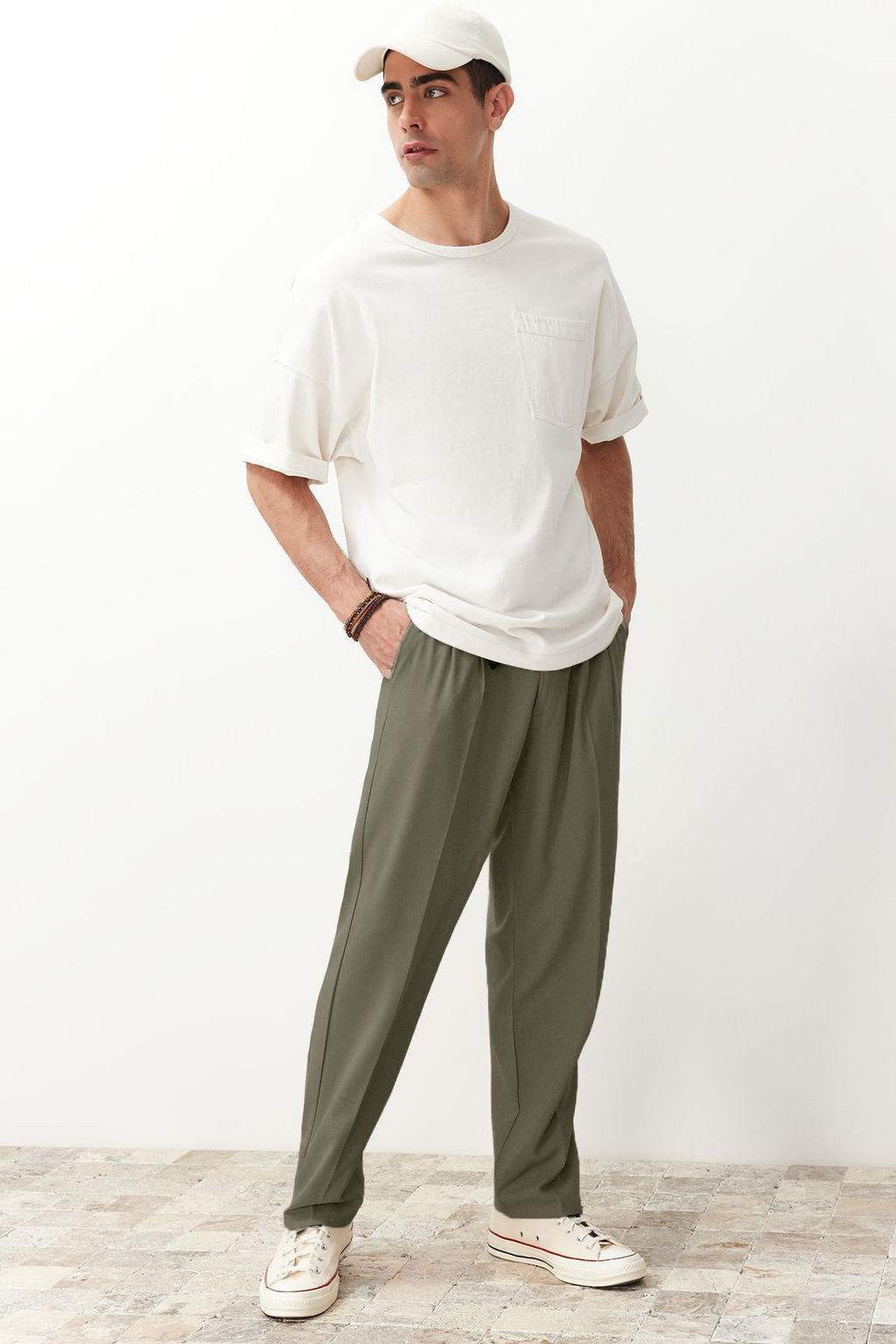 Haki Pileli Klasik Baggy Fit Kumas Pantolon TMNSS24PL00024
