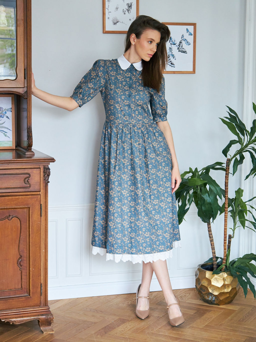 Платье хлопок OD-790-8 джинса ( бежевые цветы)