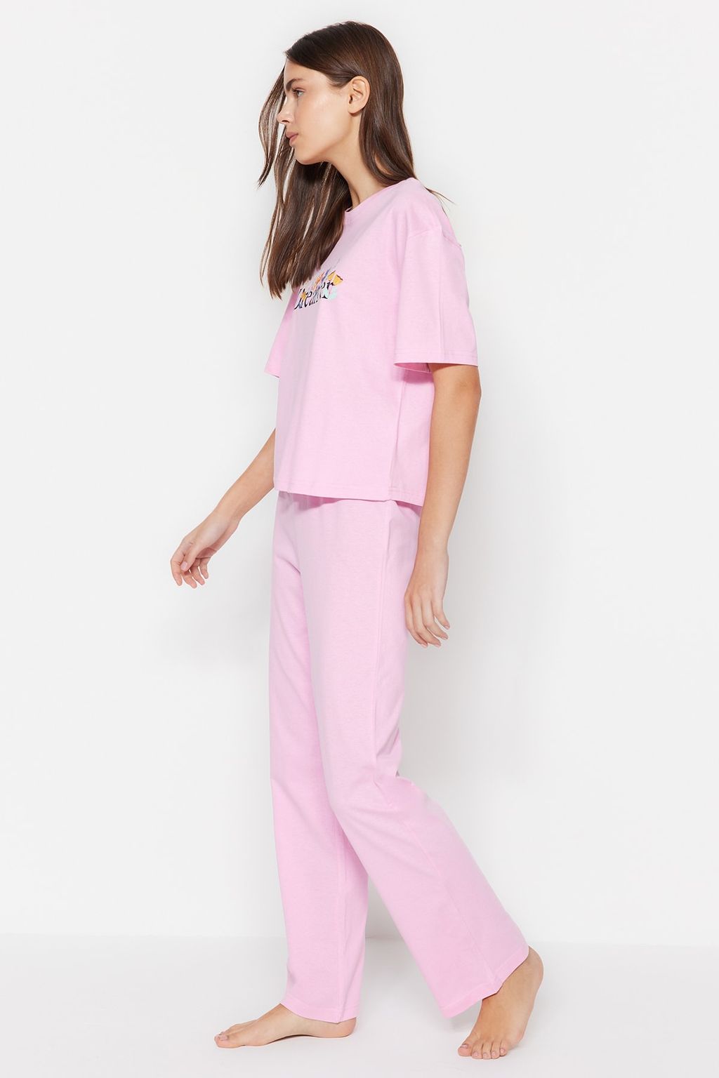 Trendyolmilla Lila %100 Pamuklu Eglenceli Bask?l? T-shirt-Pantolon Orme Pijama Tak?m? THMSS23PT00134  фото 45