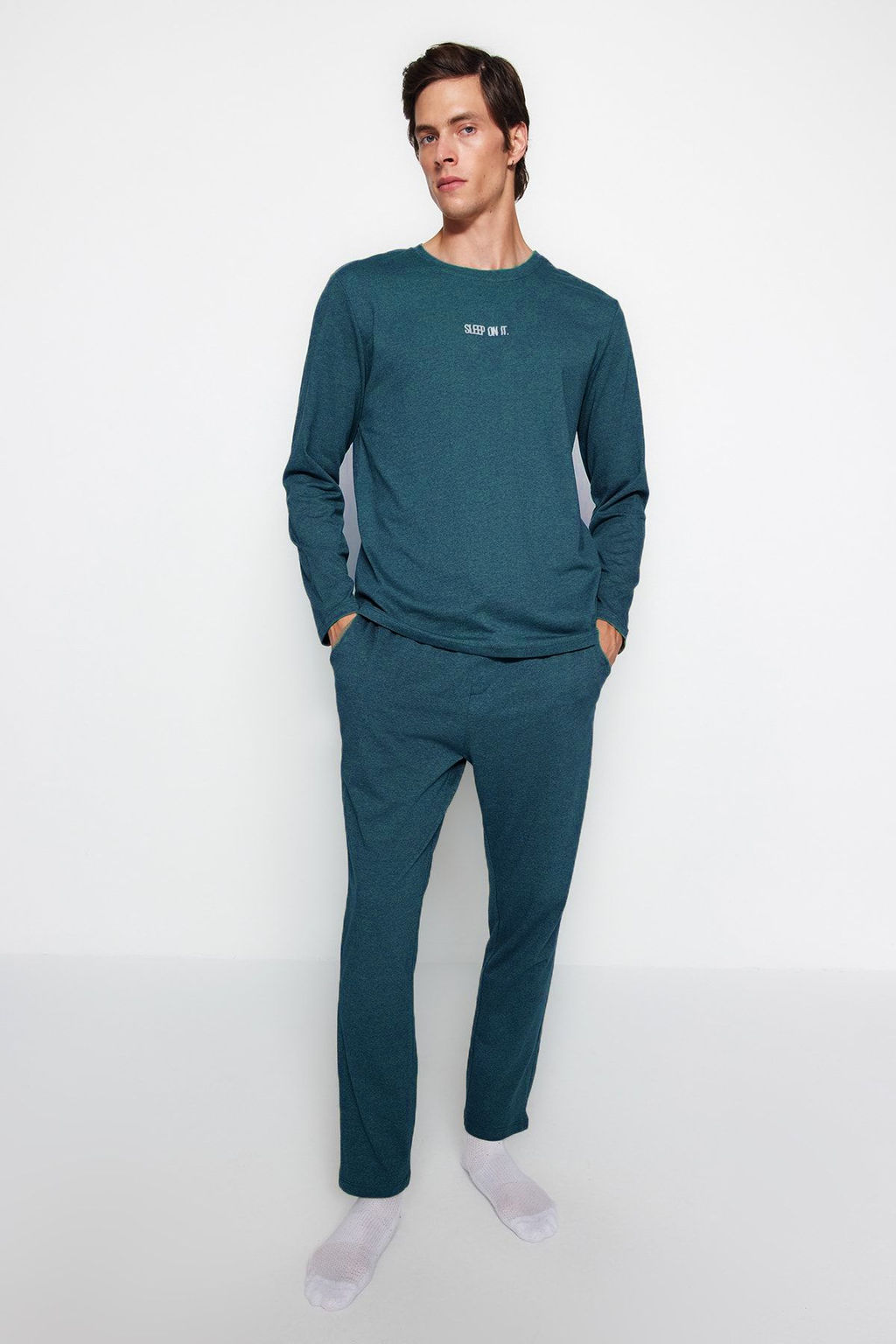 TRENDYOL MAN Lacivert Regular Fit Bask?l? Orme Pijama Tak?m? TMNAW24PT00005 - Trendyolmilla фото 26